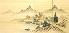 Mid 20th Century Japanese Four-Panel Folding Screen - Mountain Village on Lake