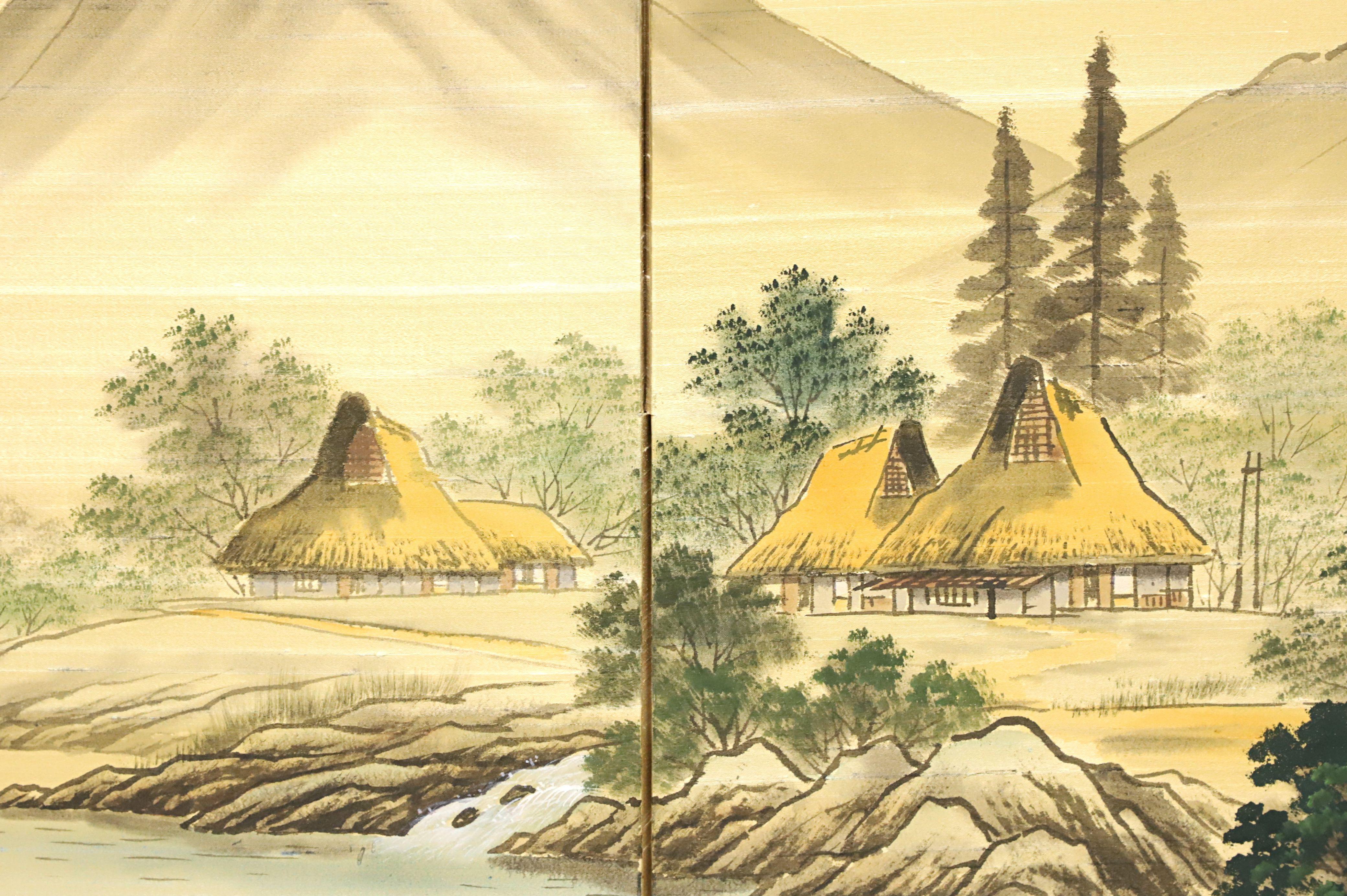 Mid 20th Century Japanese Four-Panel Folding Screen - Mountain Village on Lake For Sale 2
