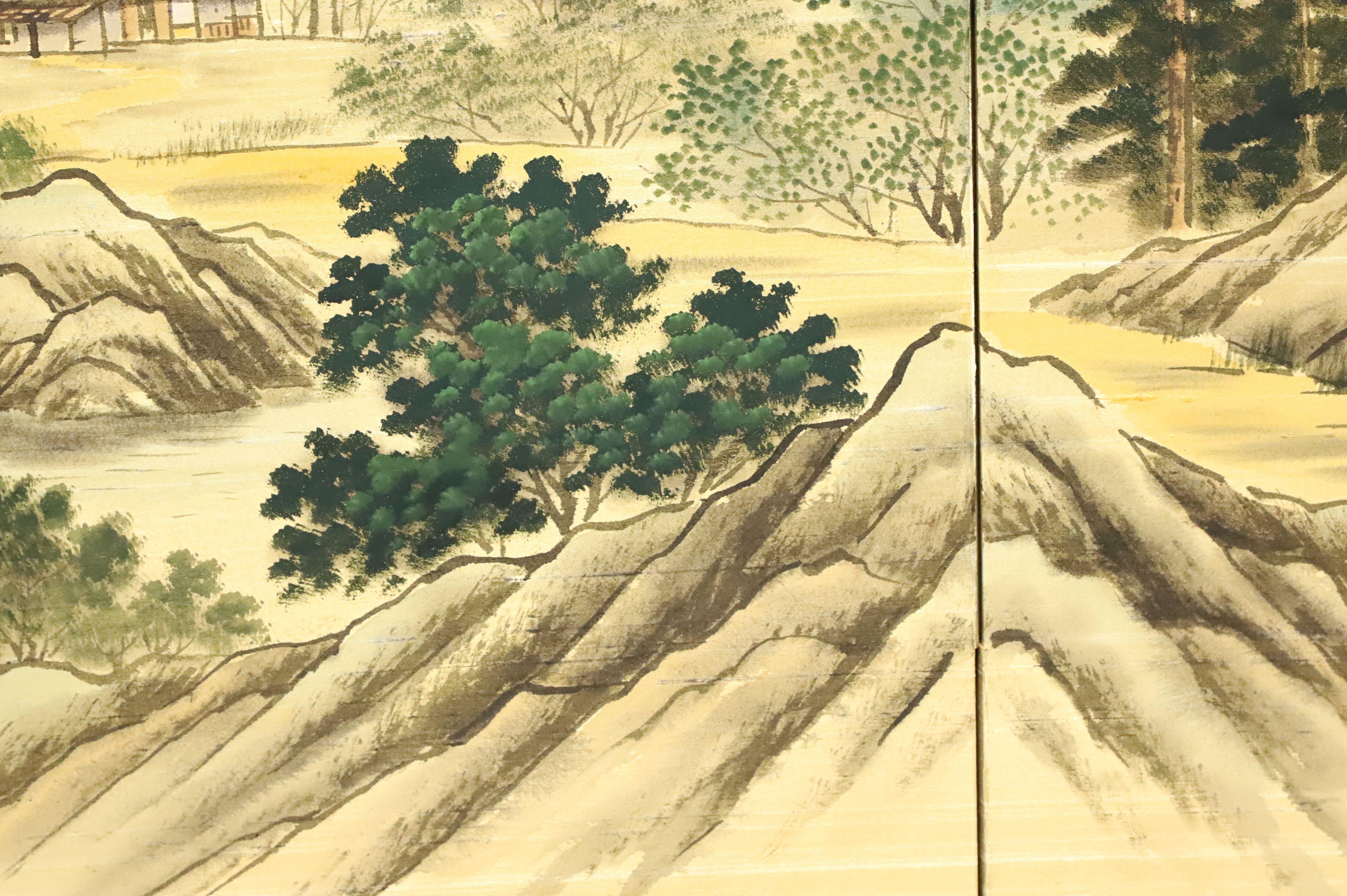 Mid 20th Century Japanese Four-Panel Folding Screen - Mountain Village on Lake For Sale 3