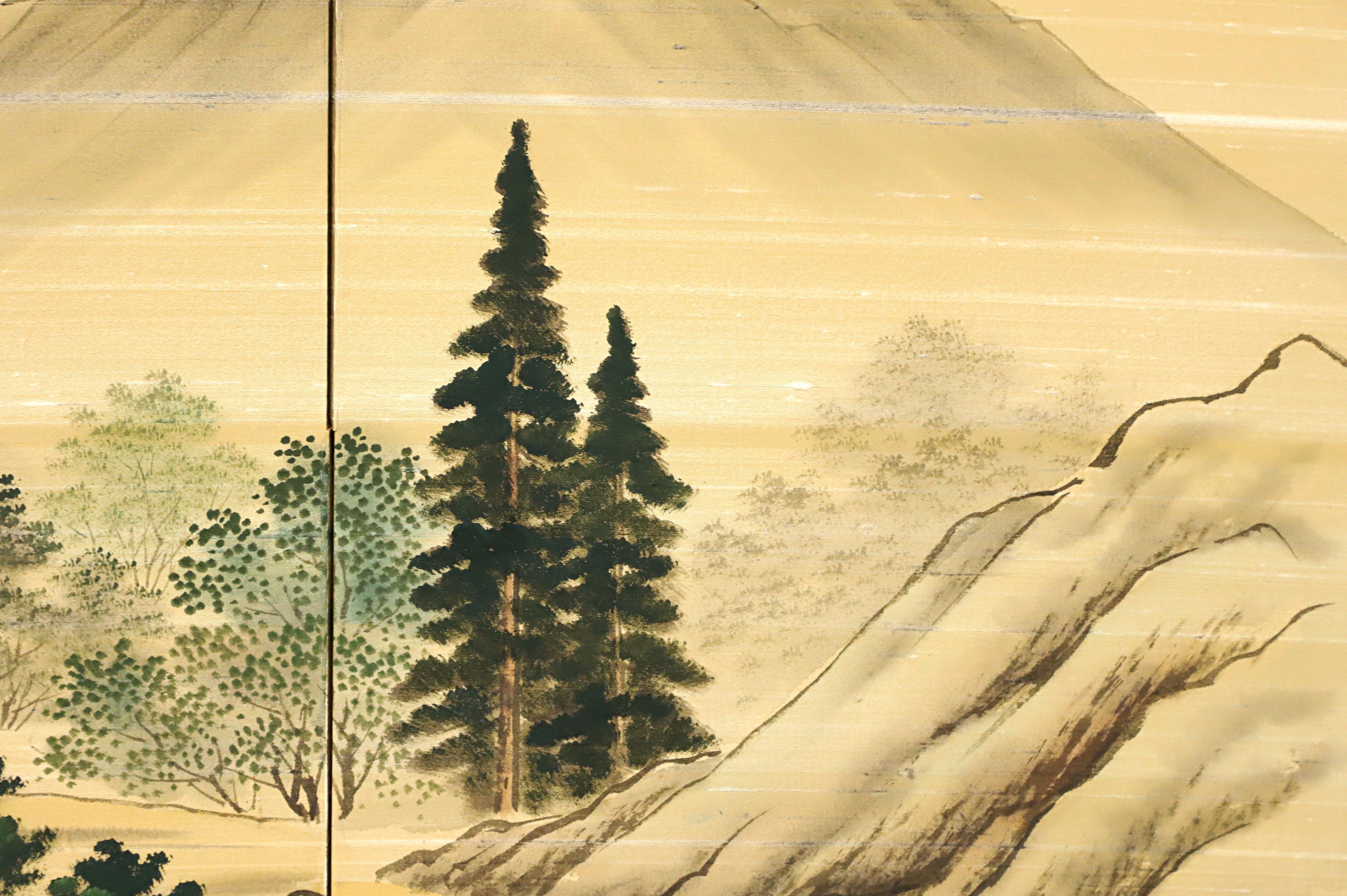 Mid 20th Century Japanese Four-Panel Folding Screen - Mountain Village on Lake For Sale 4