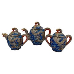 Mid-20th Century Japanese Kutani Blue Moriage Dragonware Teapots set