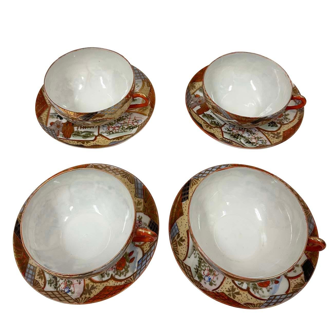 This exquisite Japanese Kutani porcelain tea cup and saucer set is a true testament to fine craftsmanship with hand painted Geisha girl and flowers.
The delicate, translucent eggshell porcelain can see through the outside images from inside when