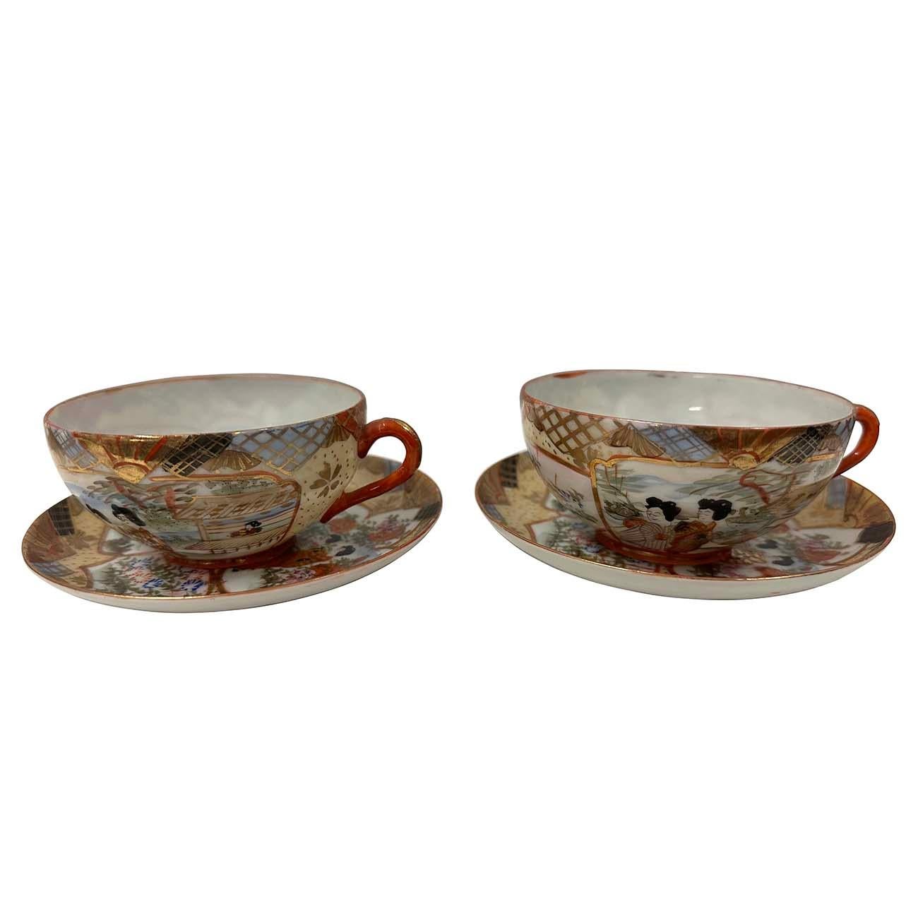 Anglo-Japanese Mid-20th Century Japanese Kutani Egg shell Tea Cup and saucer set of Four For Sale