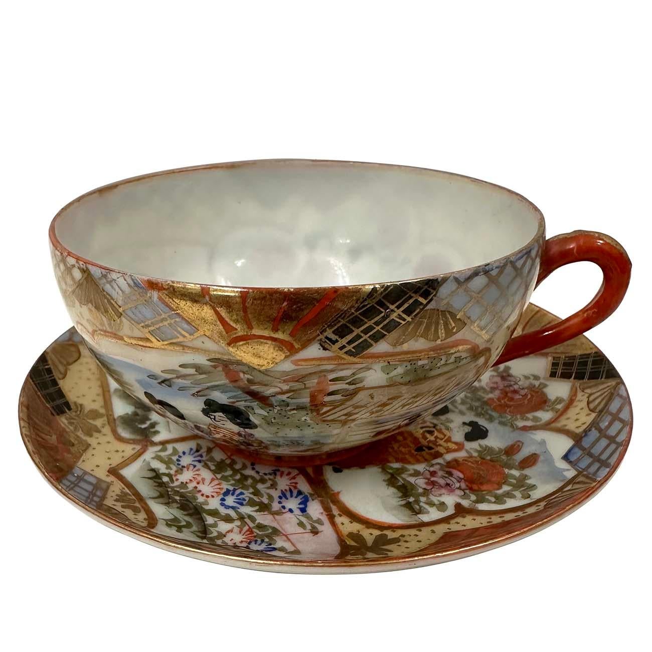 Hand-Painted Mid-20th Century Japanese Kutani Egg shell Tea Cup and saucer set of Four For Sale