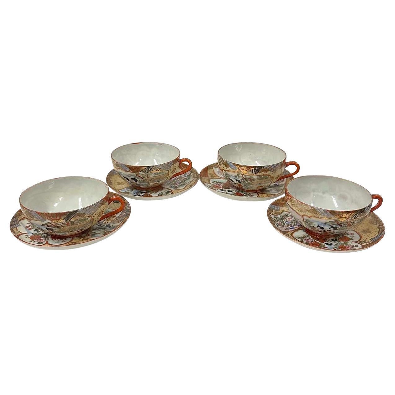 Mid-20th Century Japanese Kutani Egg shell Tea Cup and saucer set of Four