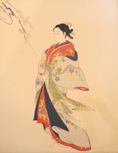 Mid-20th Century Japanese Painting on Silk of a Woman in a Kimono