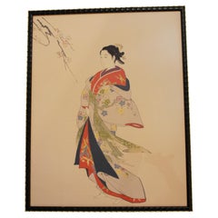 Mid-20th Century Japanese Painting on Silk of a Woman in a Kimono