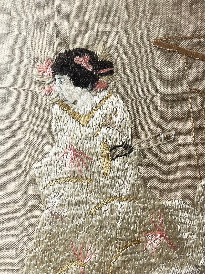 Silk Mid-20th Century Japanese silk embroidered framed painting For Sale