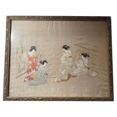 Cuadro enmarcado bordado en seda japonesa de mediados del siglo XX