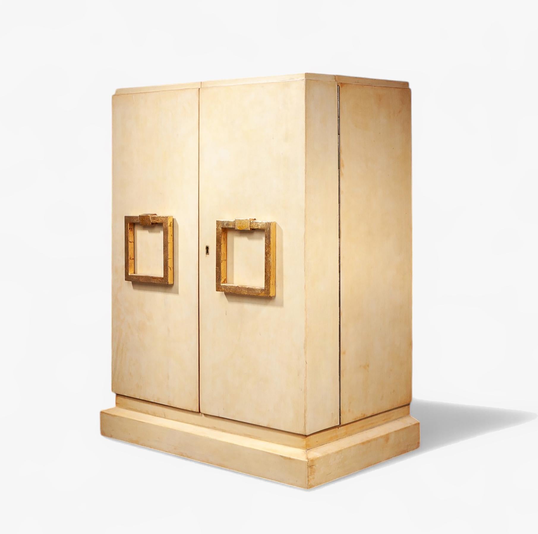 Mid-Century Modern Mid-20th Century Jean-Charles Moreaux-Style Parchment and Wood Dry Bar, France For Sale