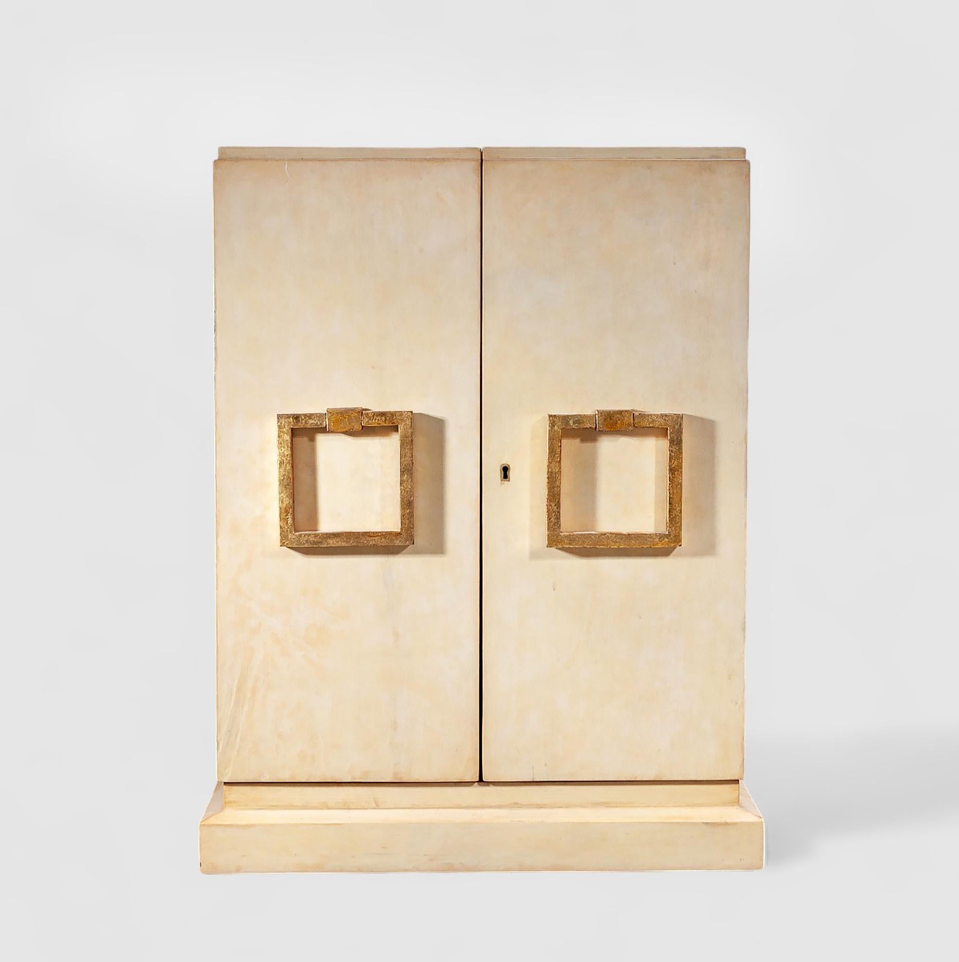 Mid-20th Century Jean-Charles Moreaux-Style Parchment and Wood Dry Bar, France In Good Condition For Sale In North Miami, FL