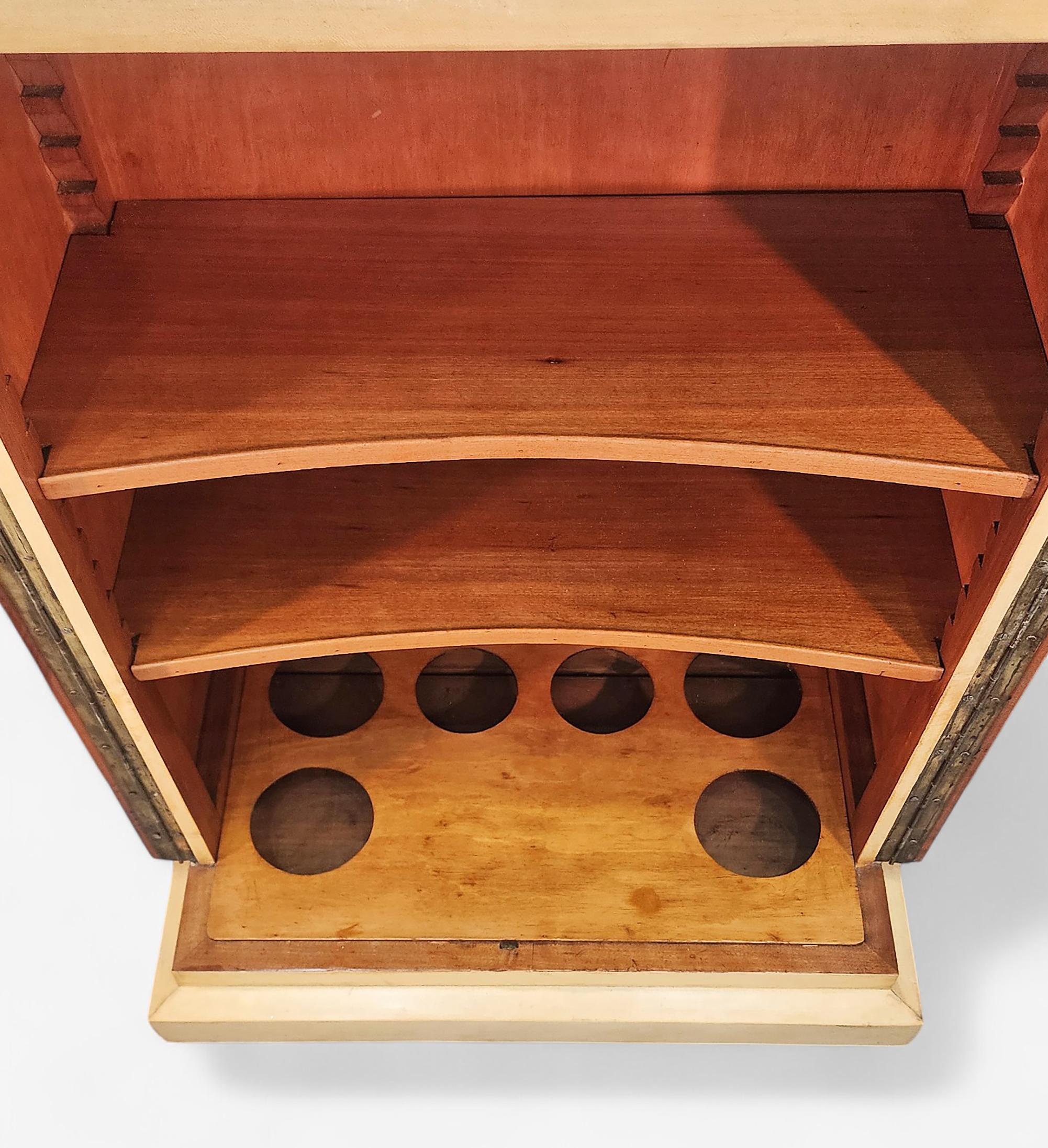 Mid-20th Century Jean-Charles Moreaux-Style Parchment and Wood Dry Bar, France For Sale 2