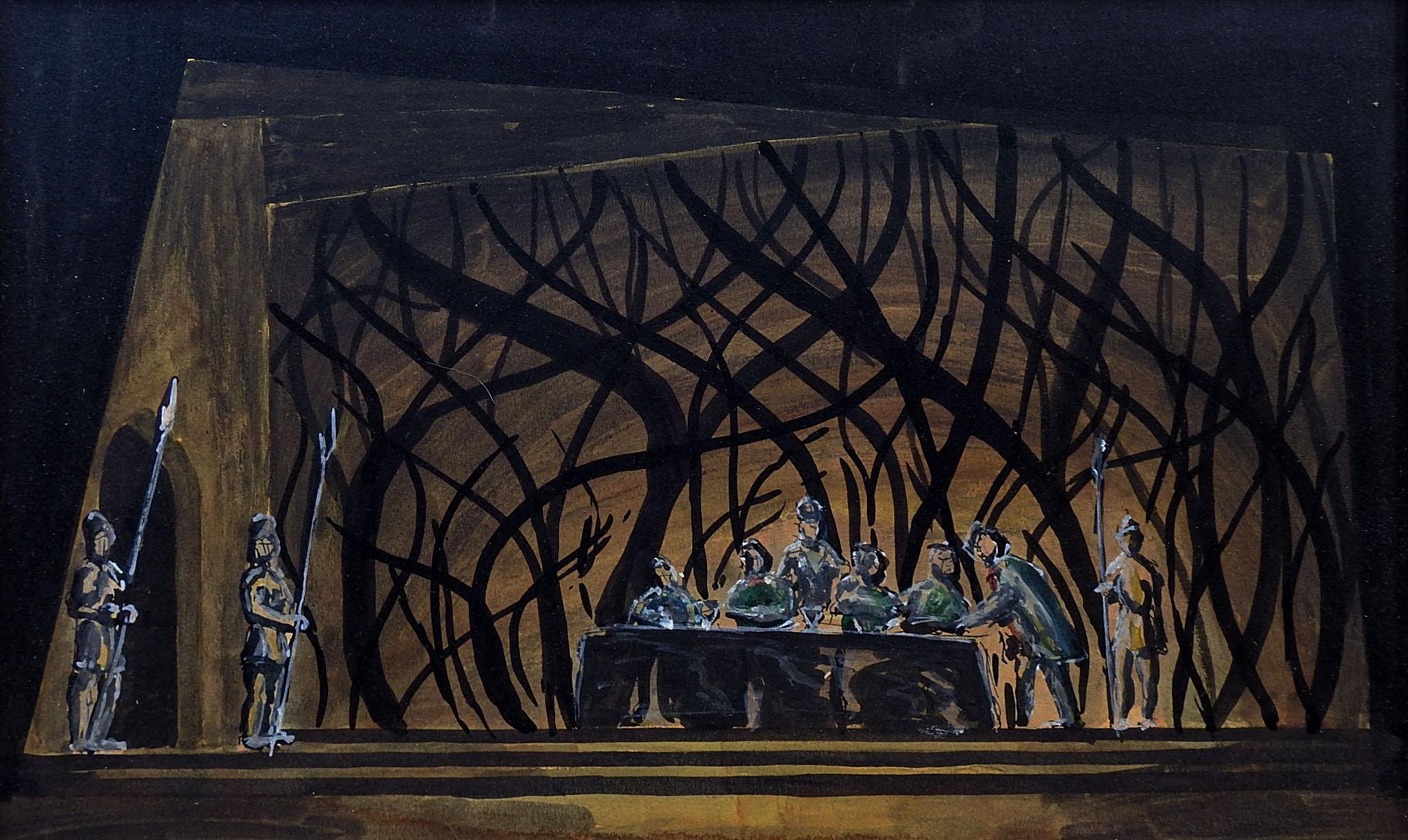 Mid 20th Century John Hood Set Design for Macbeth Act 3 Painting In Good Condition For Sale In Seguin, TX