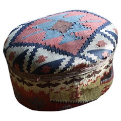 Vintage Mid 20th Century Kilim Covered Footstool Ottoman English Country House