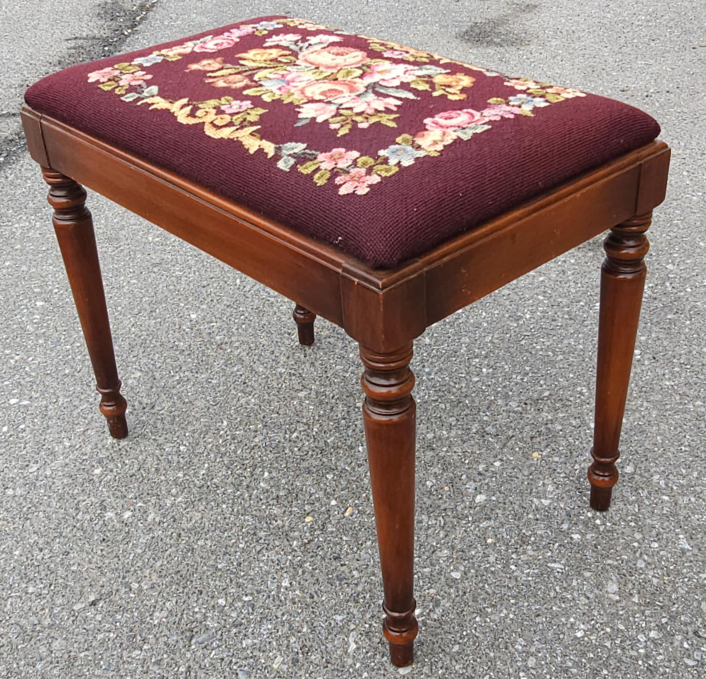 Mid-Century Modern Mid 20th Century Kindel Furniture Oxford Cherry & Needlepoint Upholstered Bench For Sale
