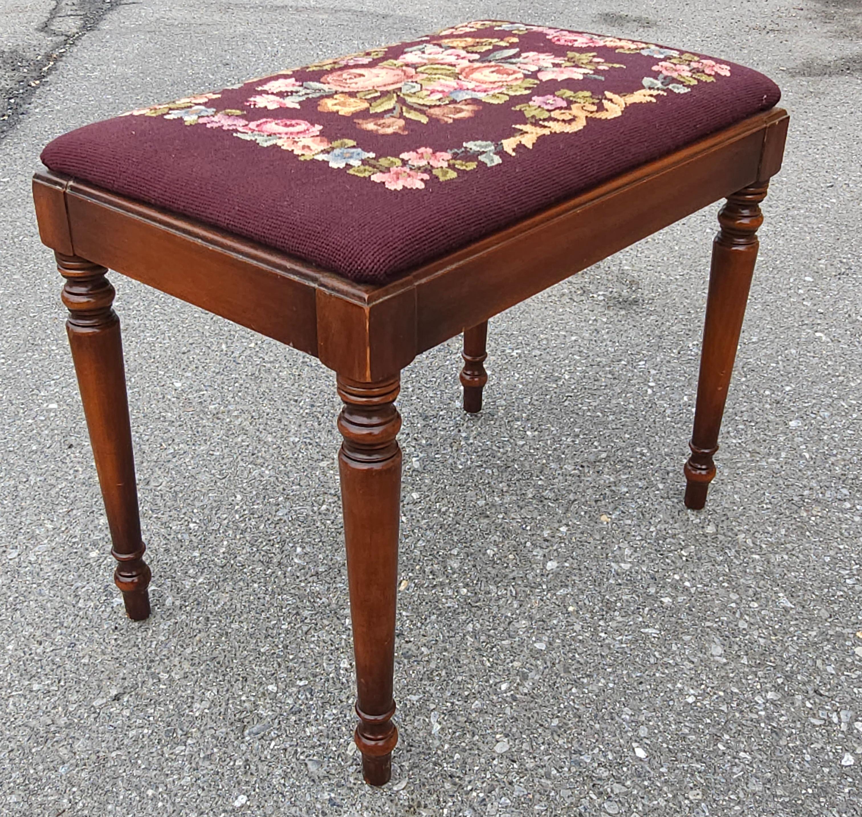 Upholstery Mid 20th Century Kindel Furniture Oxford Cherry & Needlepoint Upholstered Bench For Sale