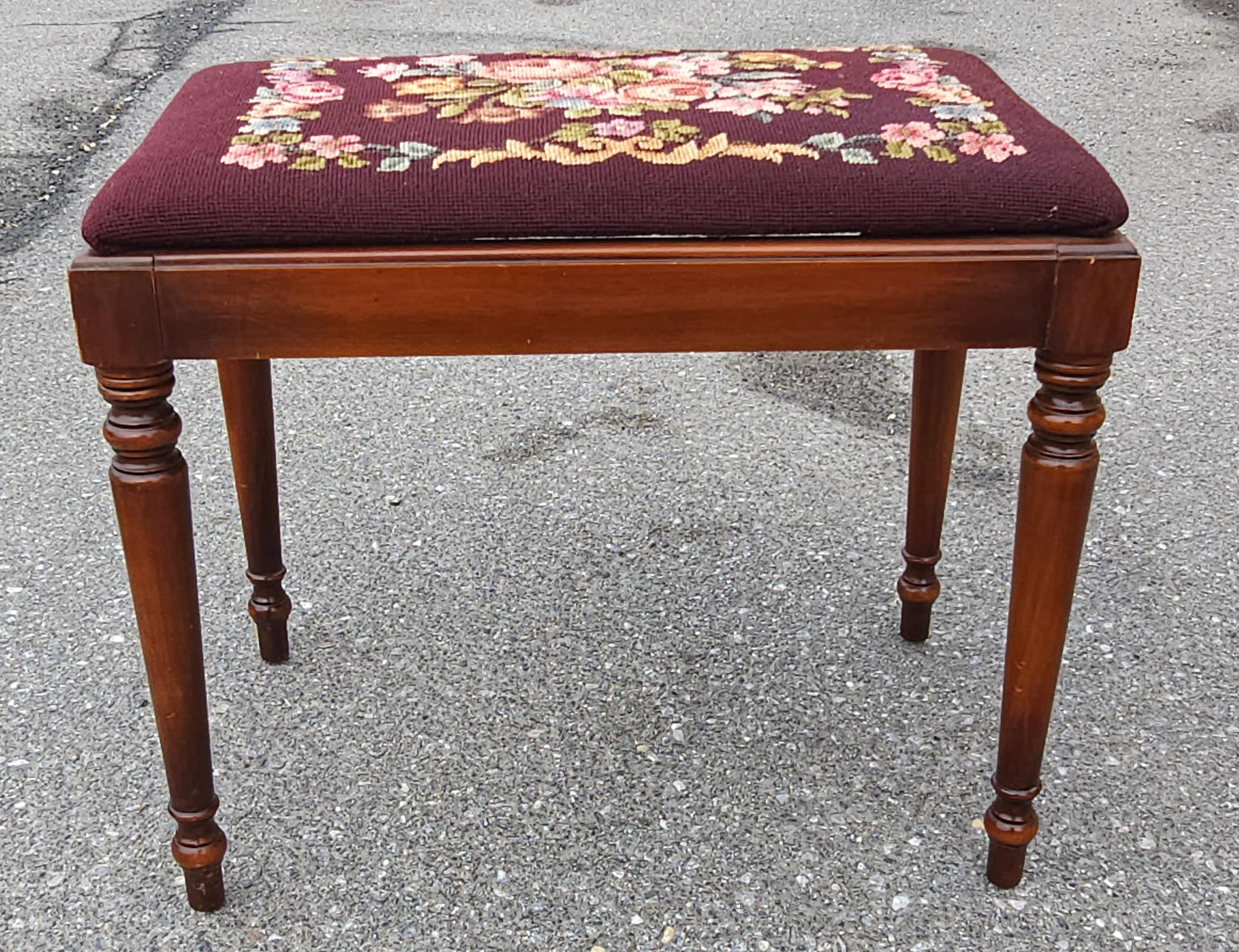 Mid 20th Century Kindel Furniture Oxford Cherry & Needlepoint Upholstered Bench For Sale 1