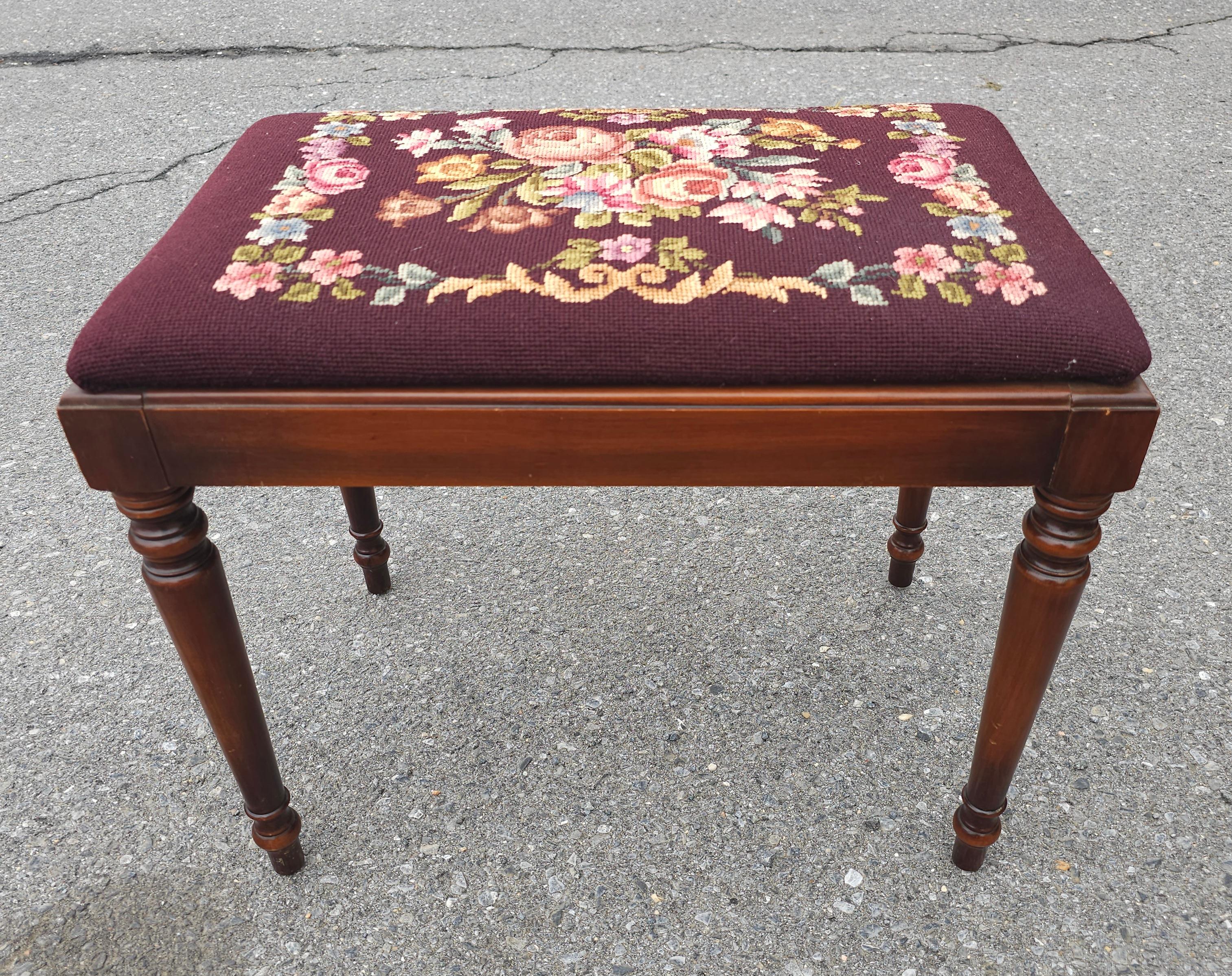 Mid 20th Century Kindel Furniture Oxford Cherry & Needlepoint Upholstered Bench For Sale 4