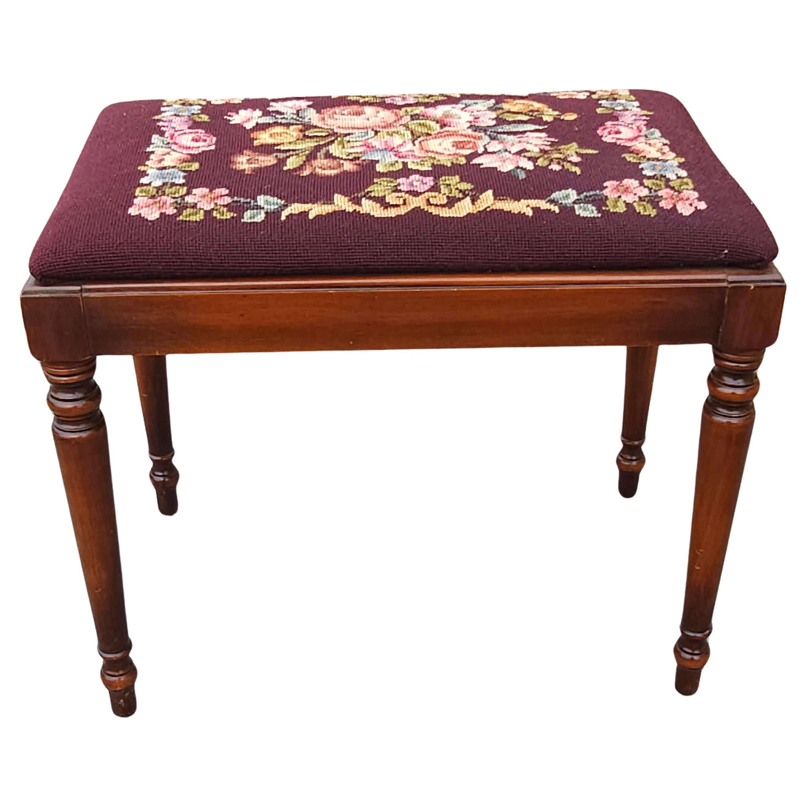 Mid 20th Century Kindel Furniture Oxford Cherry & Needlepoint Upholstered Bench