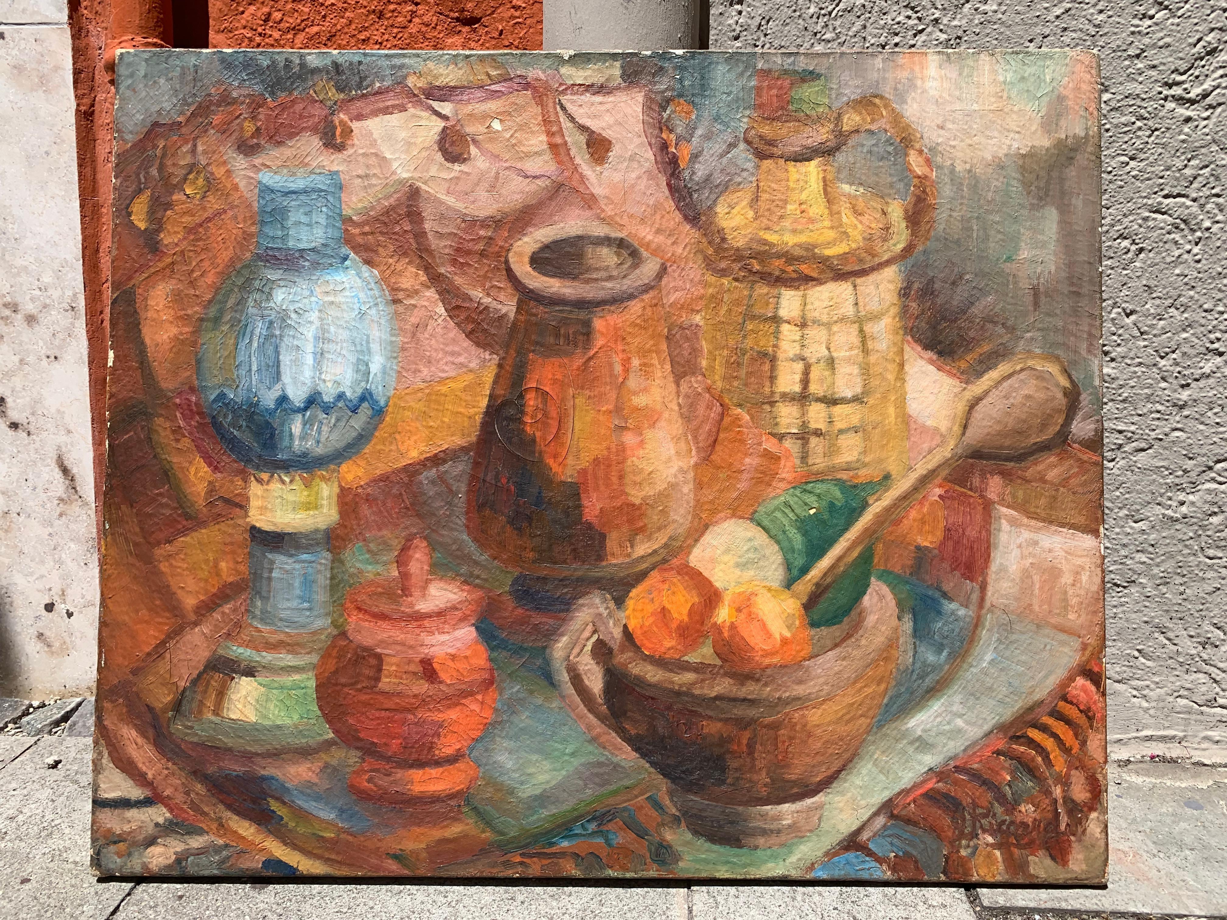 Rustic Mid- 20th Century Kitchen Still Life Oil On Canvas For Sale
