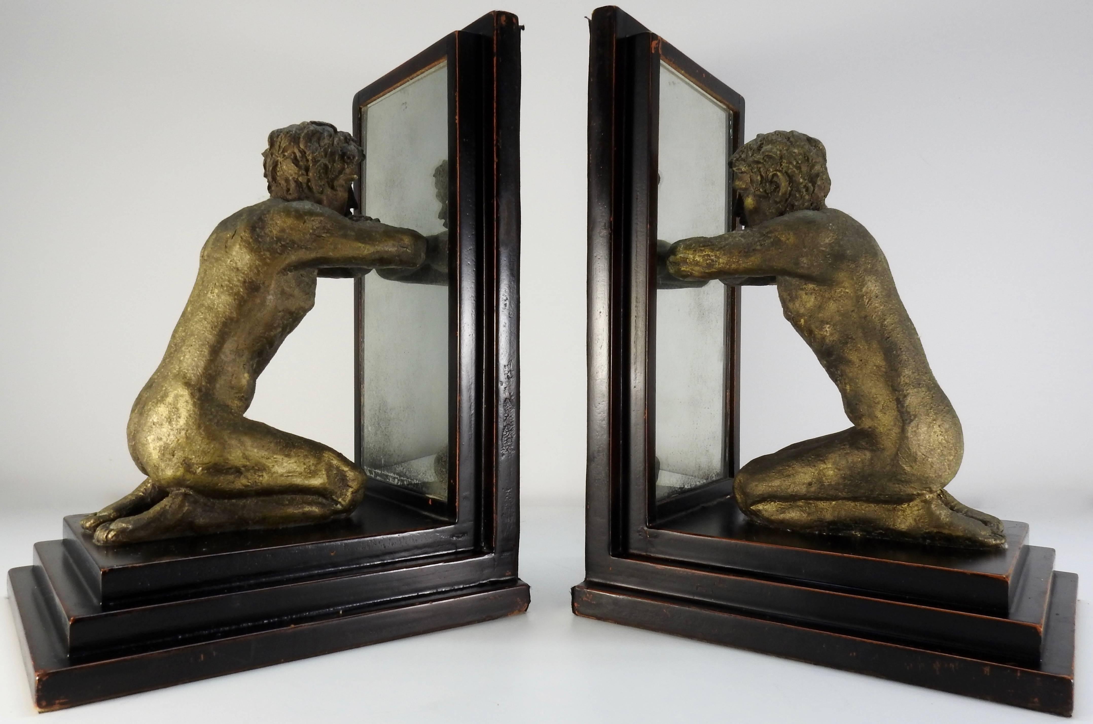 Arts and Crafts Kneeling Men's on Wood Bookends with Mirrors For Sale