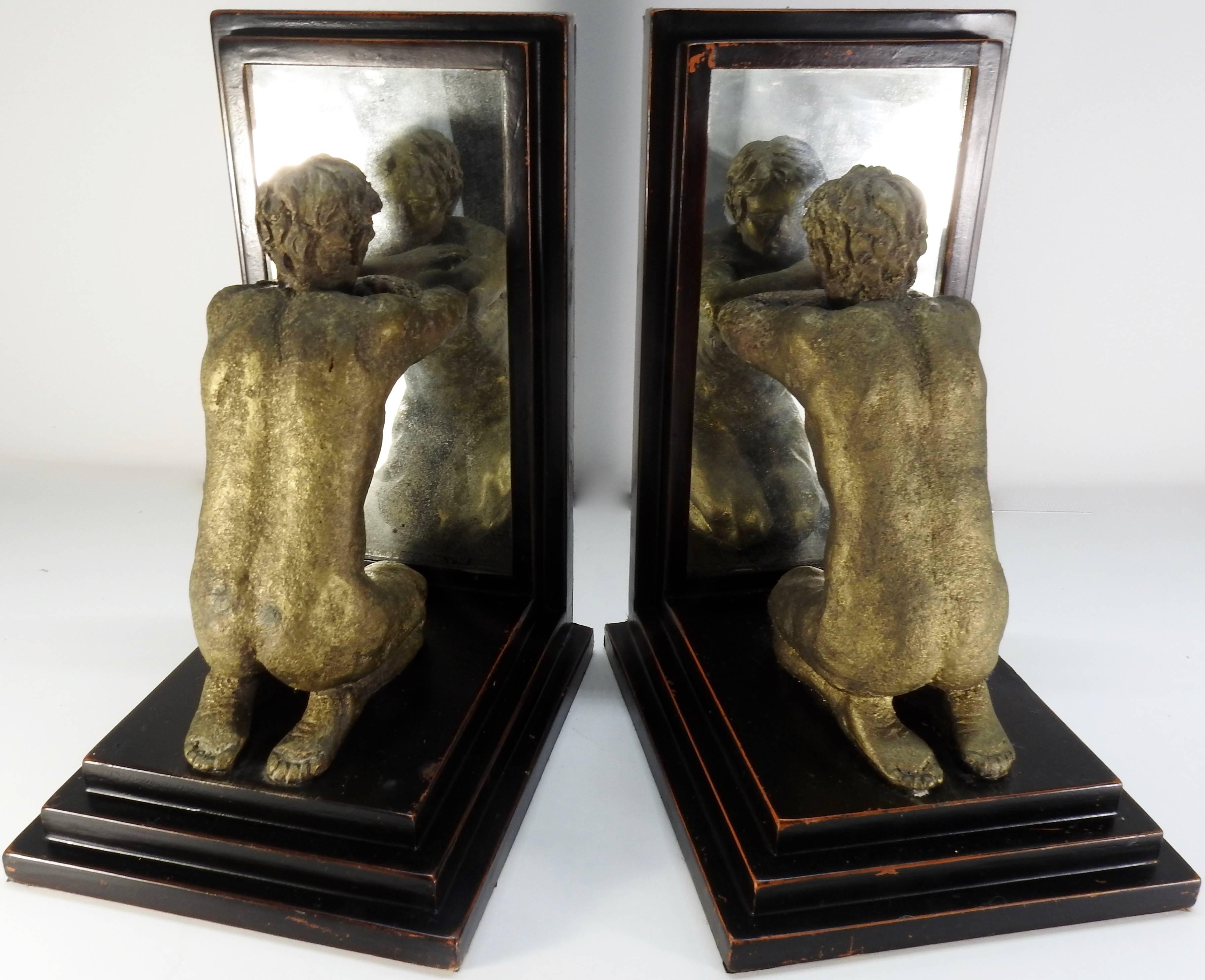 Italian Kneeling Men's on Wood Bookends with Mirrors For Sale