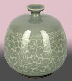 Mid-20th Century Korean Hand-Crafted Ceramic Celadon Vase with Lotus Decoration