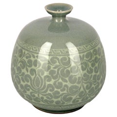 Vintage Mid-20th Century Korean Hand-Crafted Ceramic Celadon Vase with Lotus Decoration