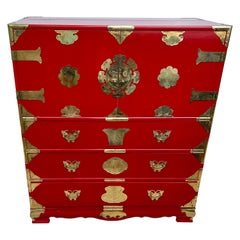 Mid-20th Century Korean Red Lacquered Tansu Butterfly Chest Campaign Cabinet