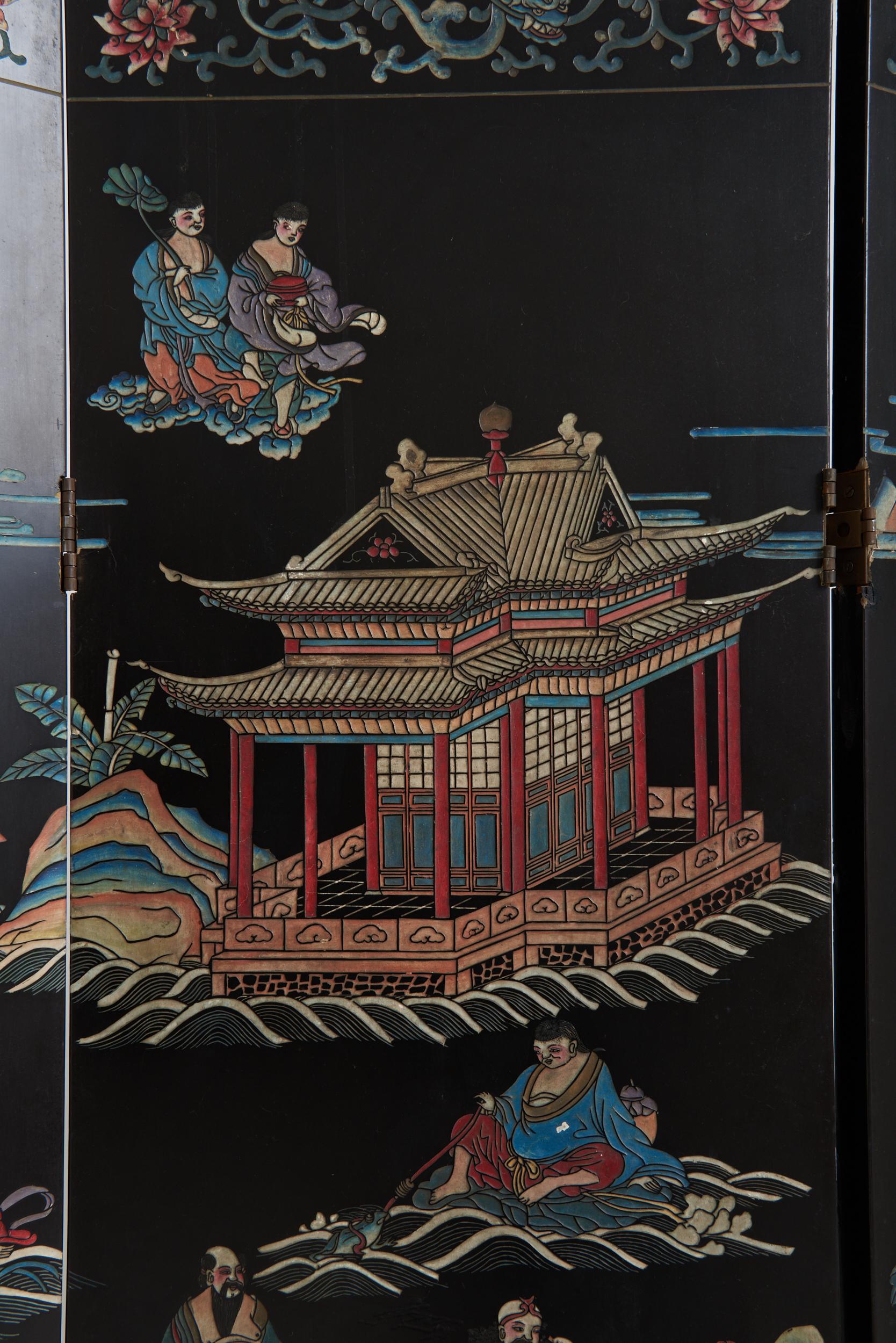 Mid-20th Century Lacquer 8 Leaf Screen 9