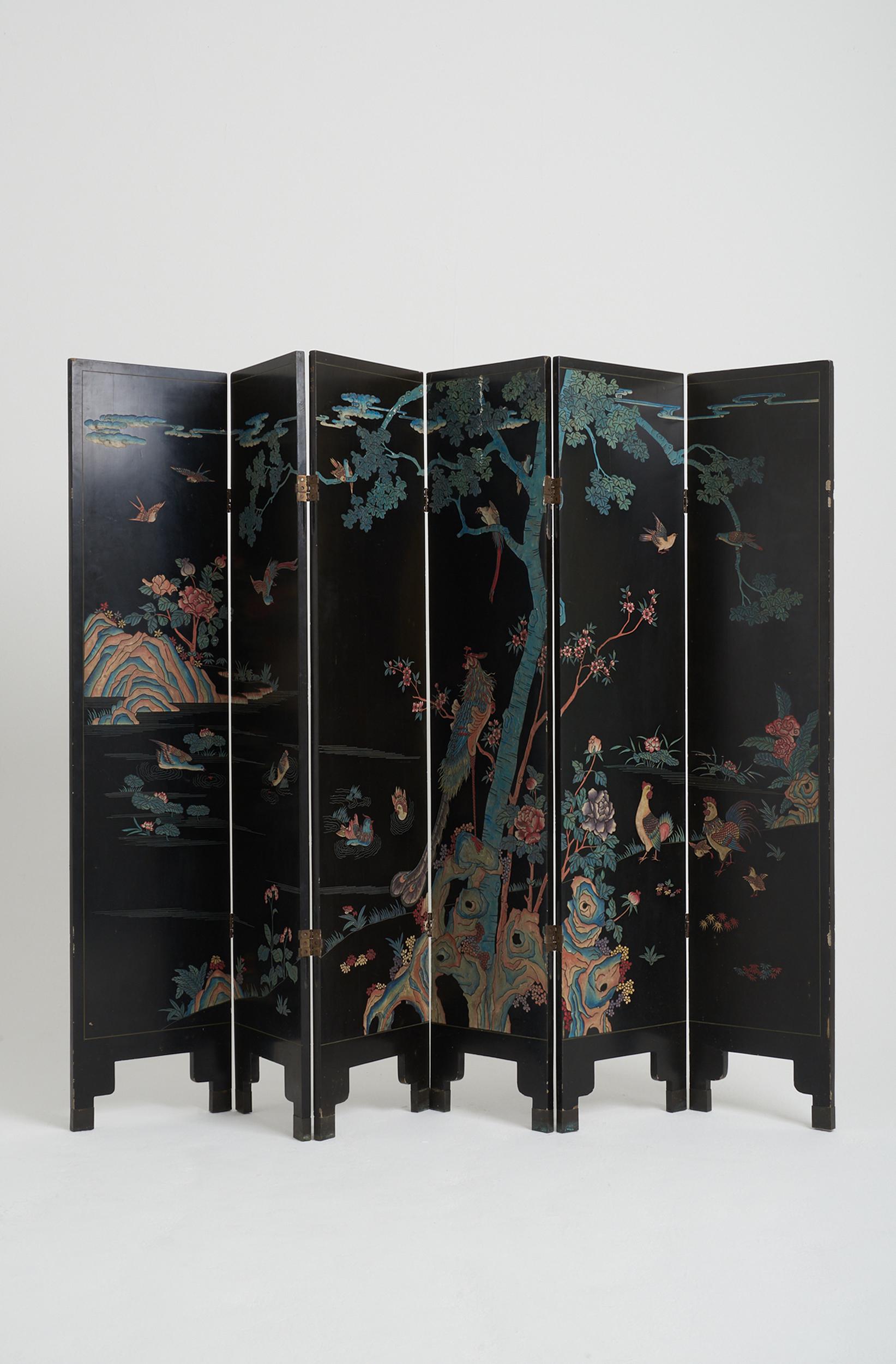 Chinoiserie Mid-20th Century Lacquer 8 Leaf Screen