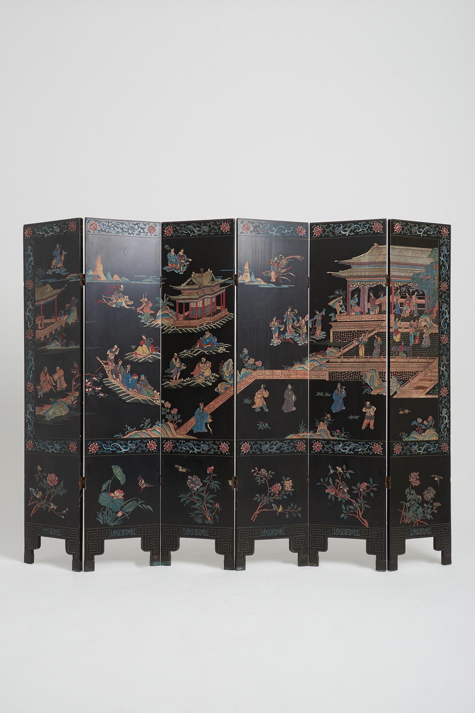 Asian Mid-20th Century Lacquer 8 Leaf Screen