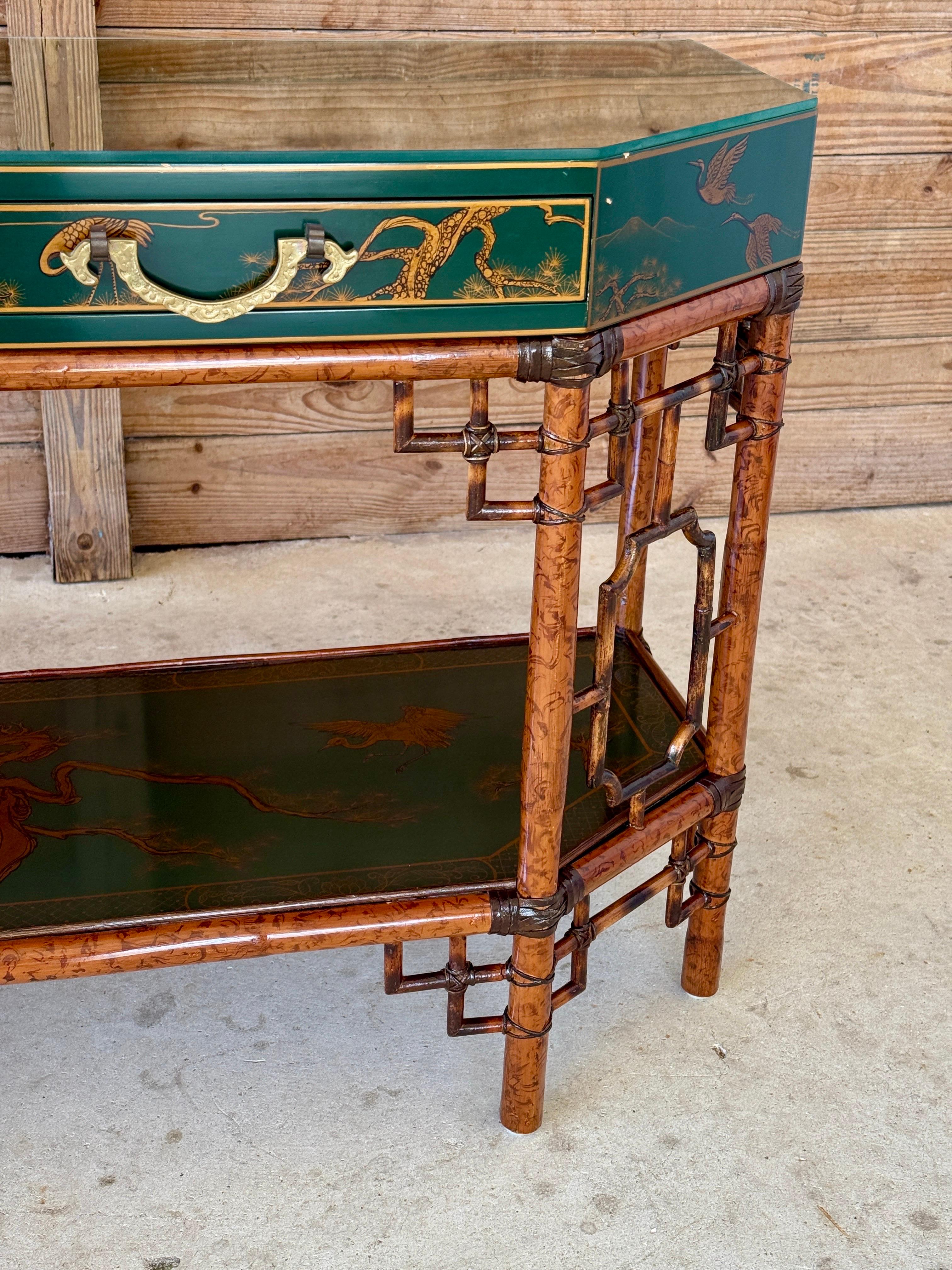 Mid-20th Century Lacquered Green Chinoiserie Console With Refinished Rattan Fret 5