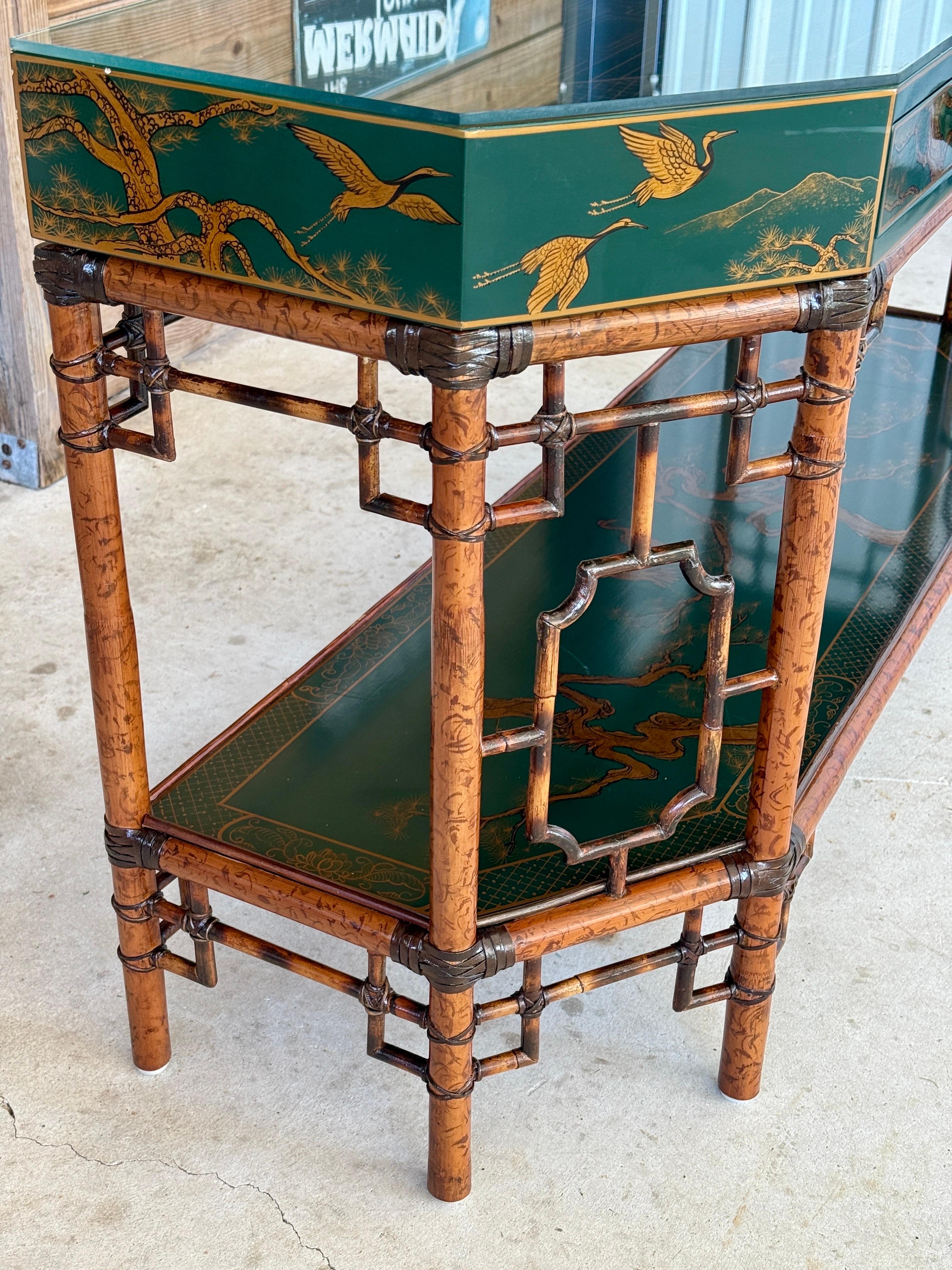 Mid-20th Century Lacquered Green Chinoiserie Console With Refinished Rattan Fret 6