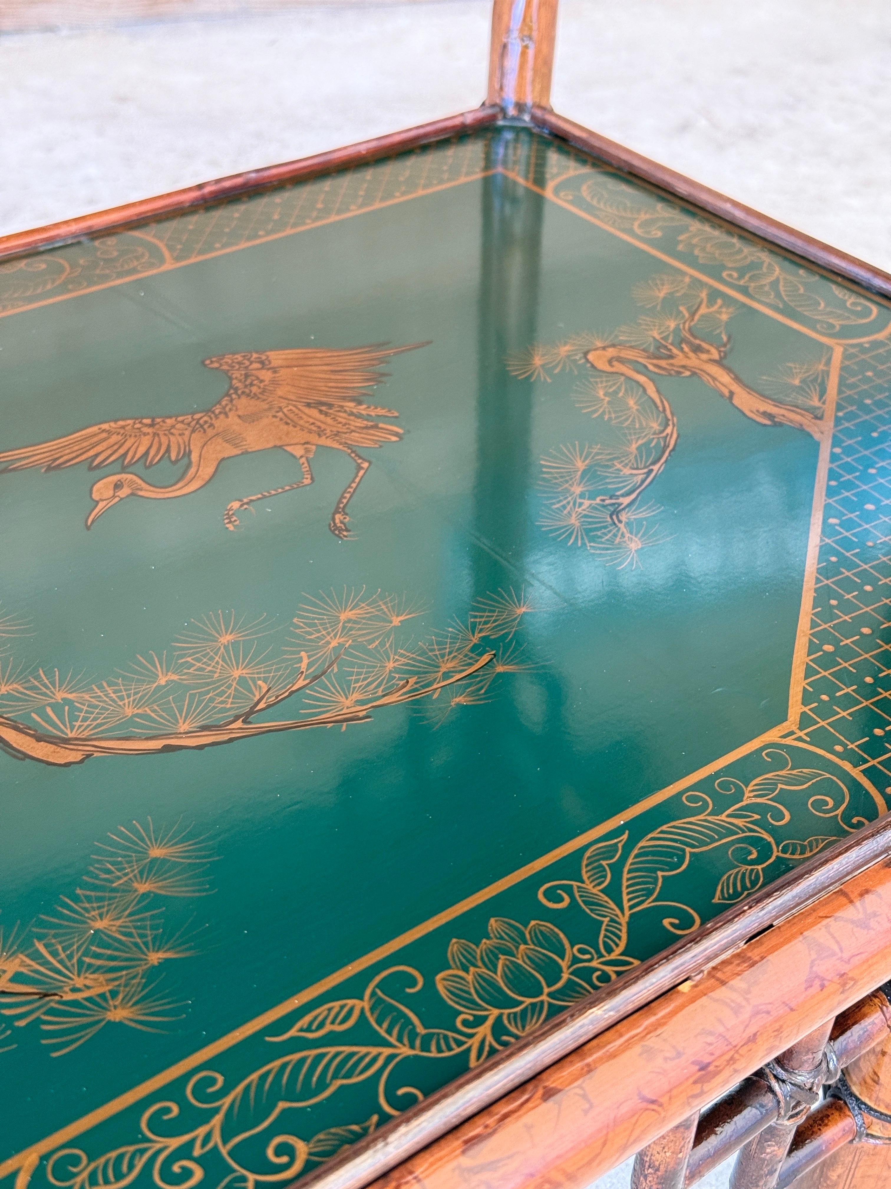 Mid-20th Century Lacquered Green Chinoiserie Console With Refinished Rattan Fret 8