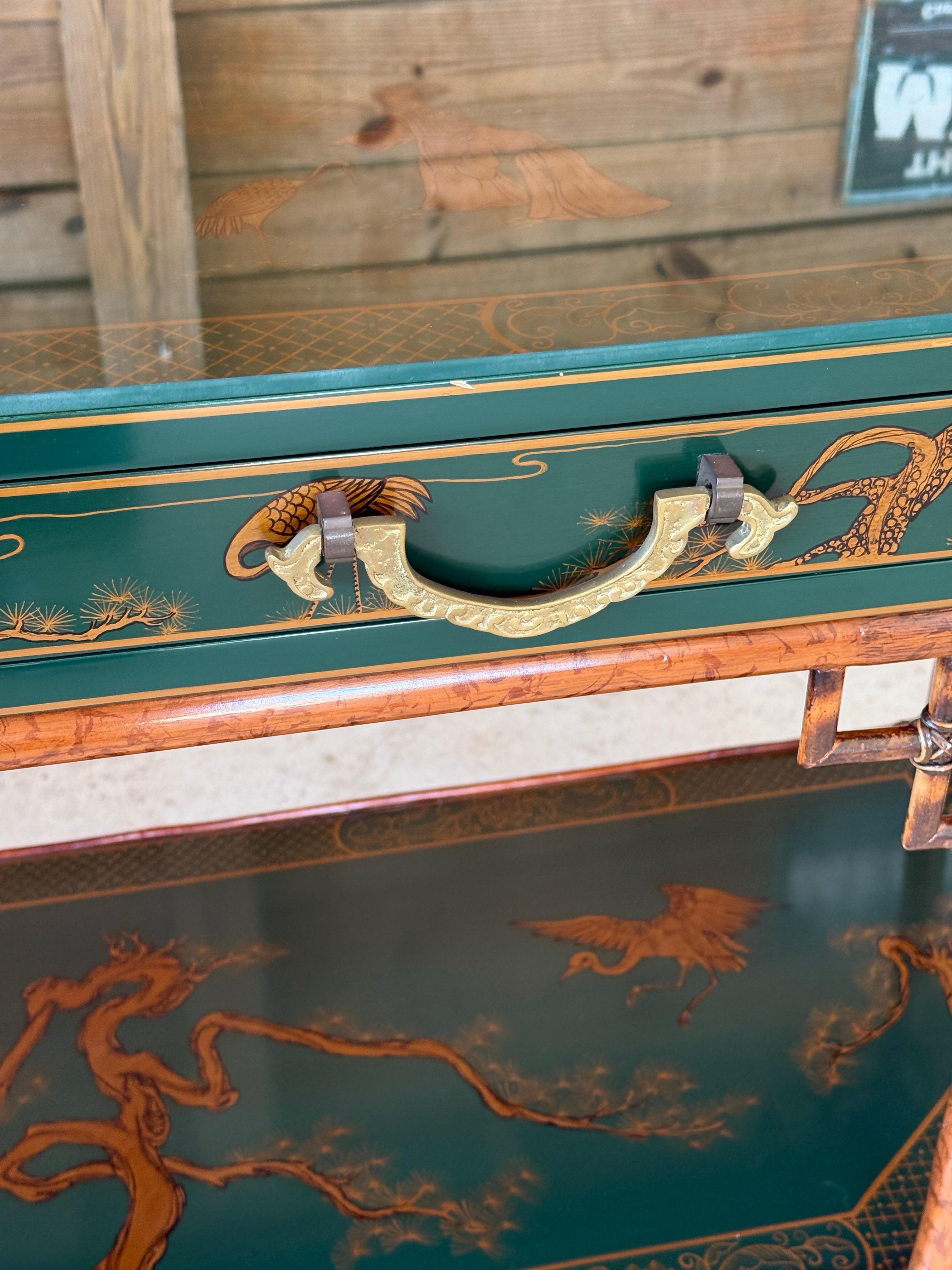 Mid-20th Century Lacquered Green Chinoiserie Console With Refinished Rattan Fret 9