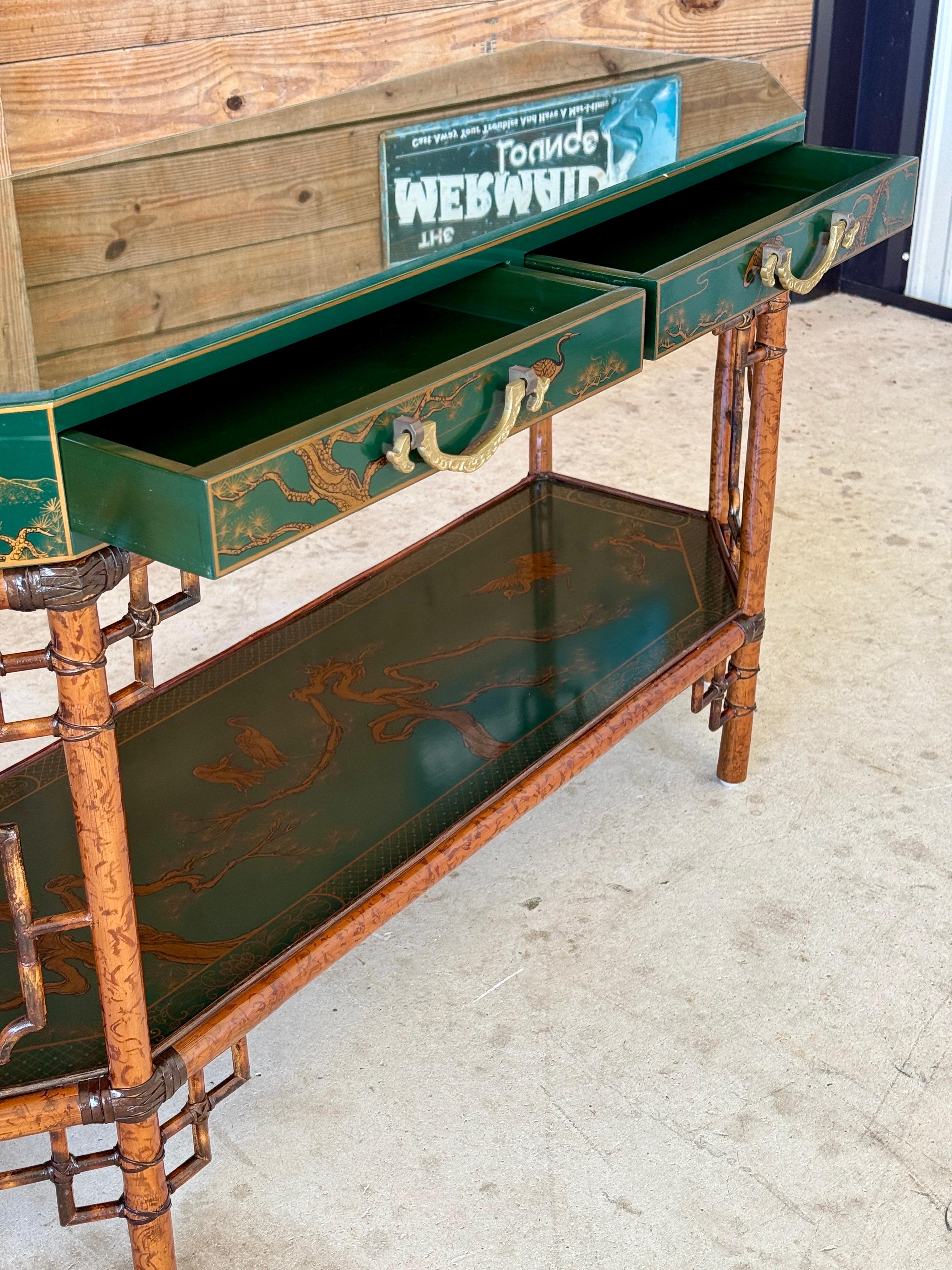 Mid-20th Century Lacquered Green Chinoiserie Console With Refinished Rattan Fret 12
