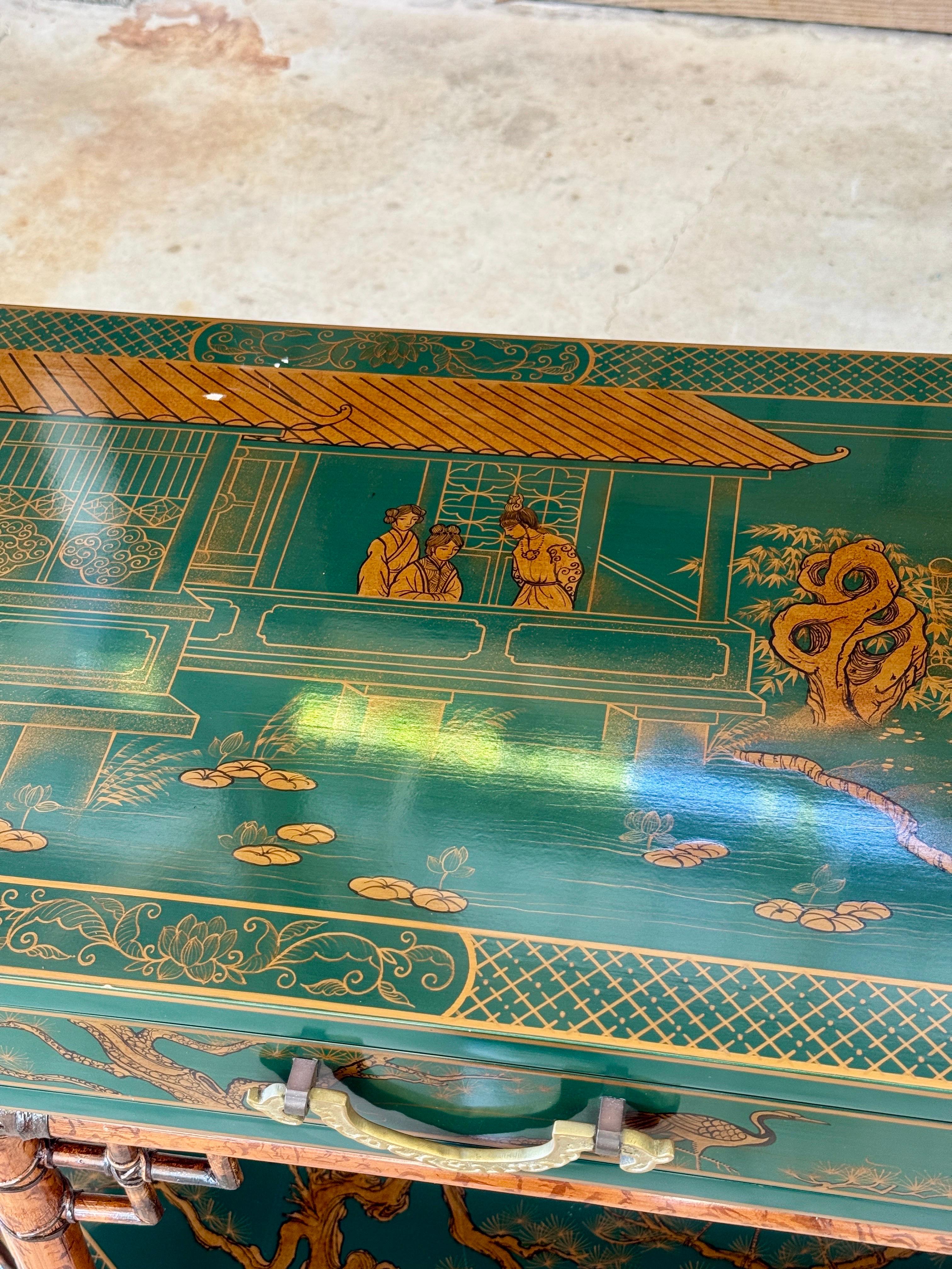 Mid-20th Century Lacquered Green Chinoiserie Console With Refinished Rattan Fret 13