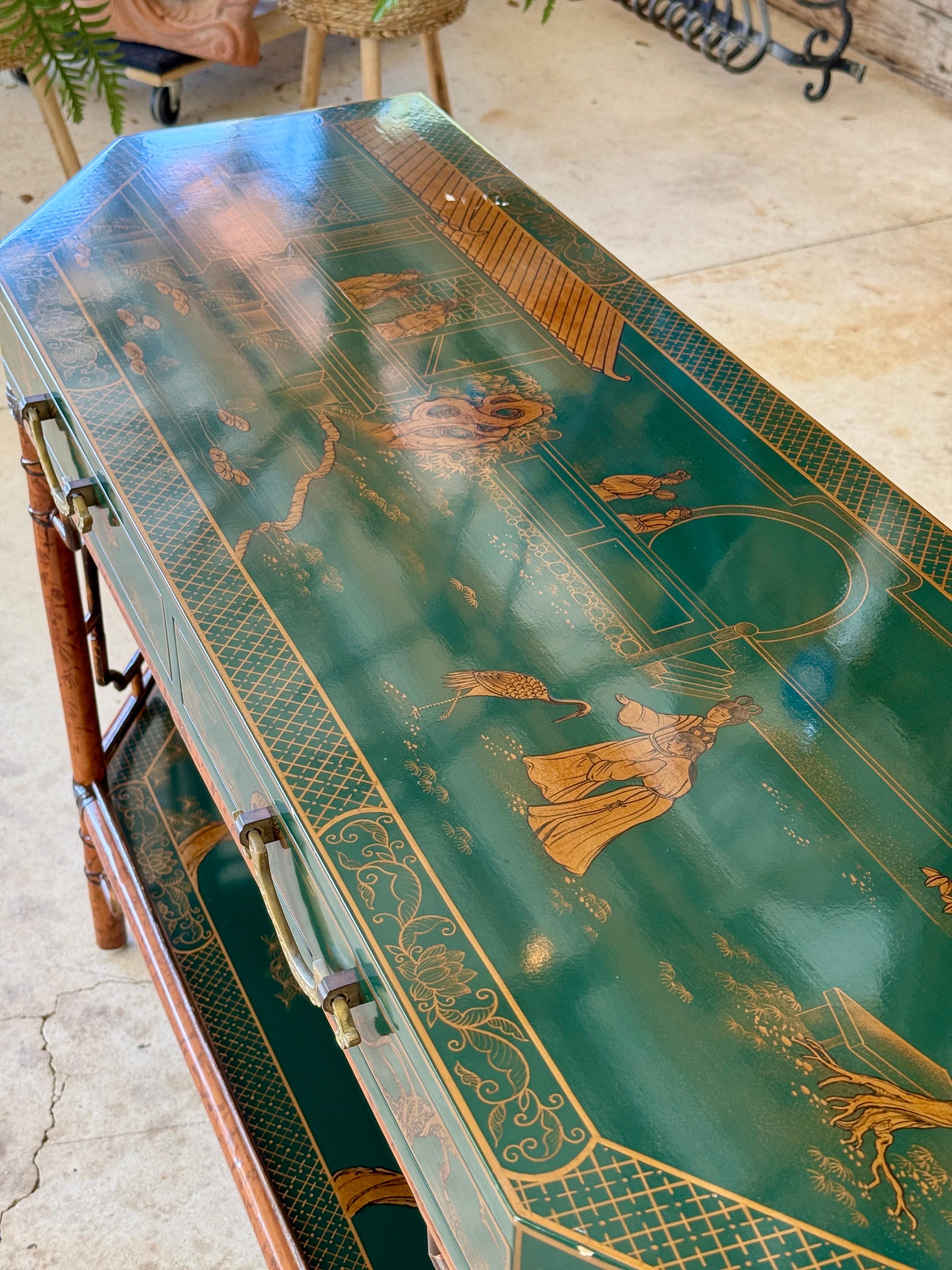 Mid-20th Century Lacquered Green Chinoiserie Console With Refinished Rattan Fret 14