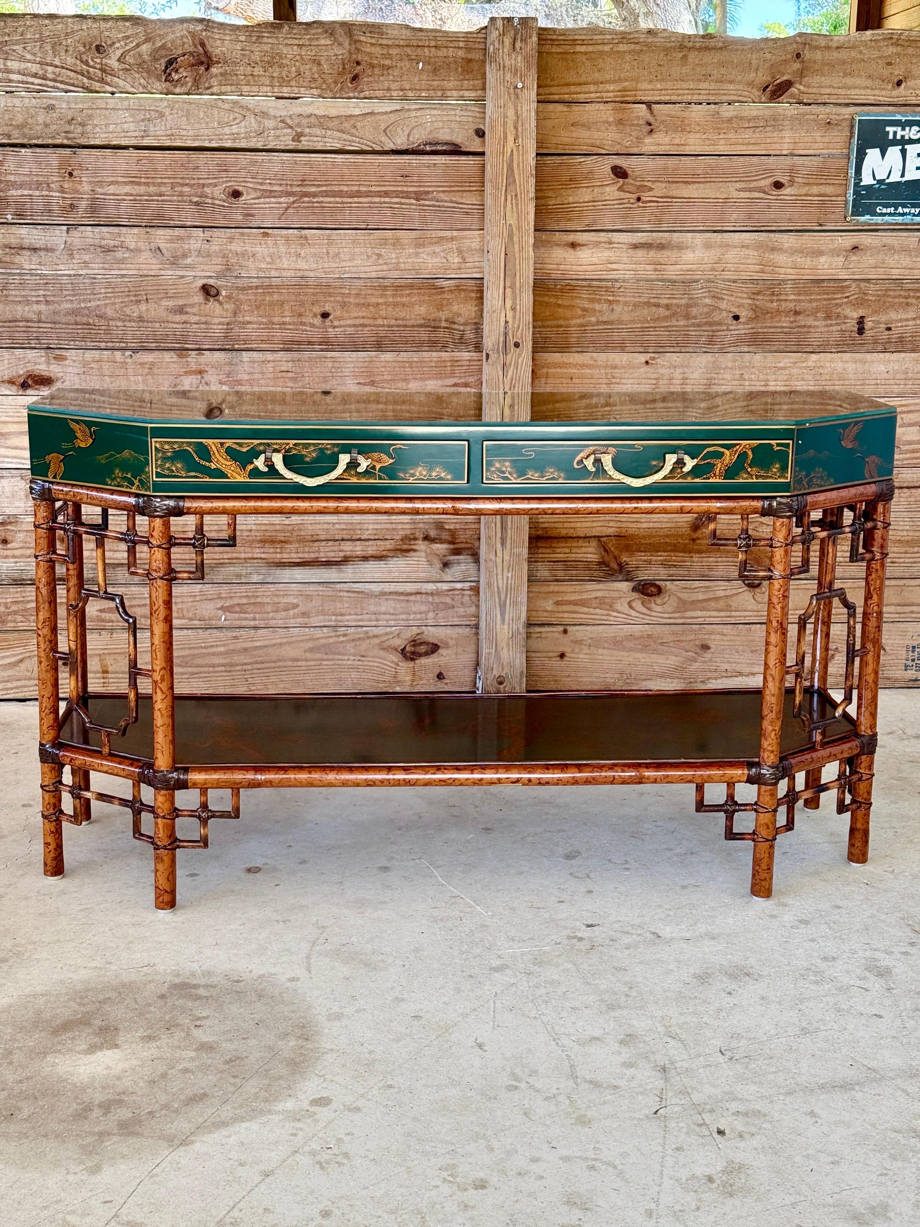 Mid-20th Century Lacquered Green Chinoiserie Console With Refinished Rattan Fret 15