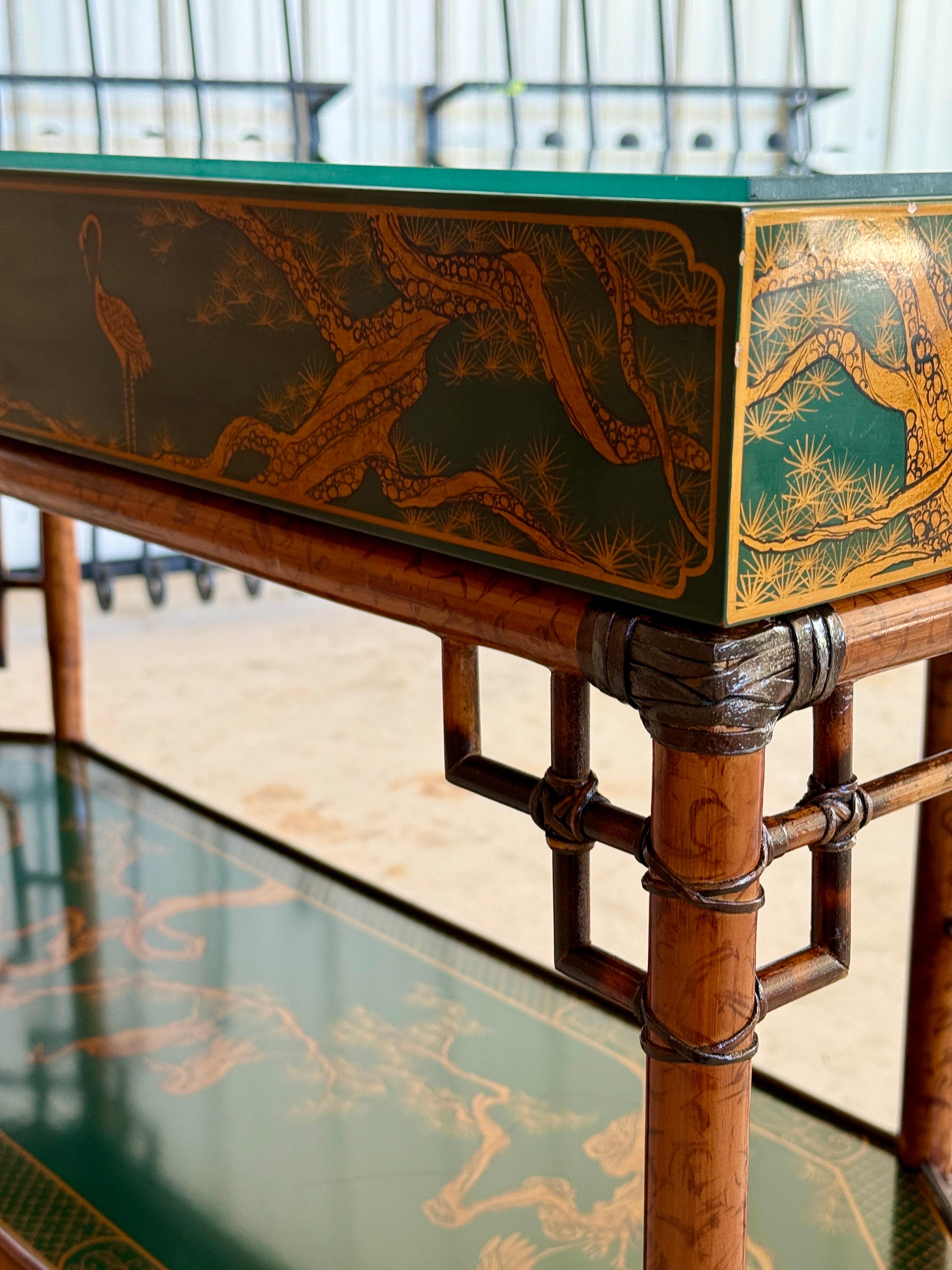 Hand-Crafted Mid-20th Century Lacquered Green Chinoiserie Console With Refinished Rattan Fret