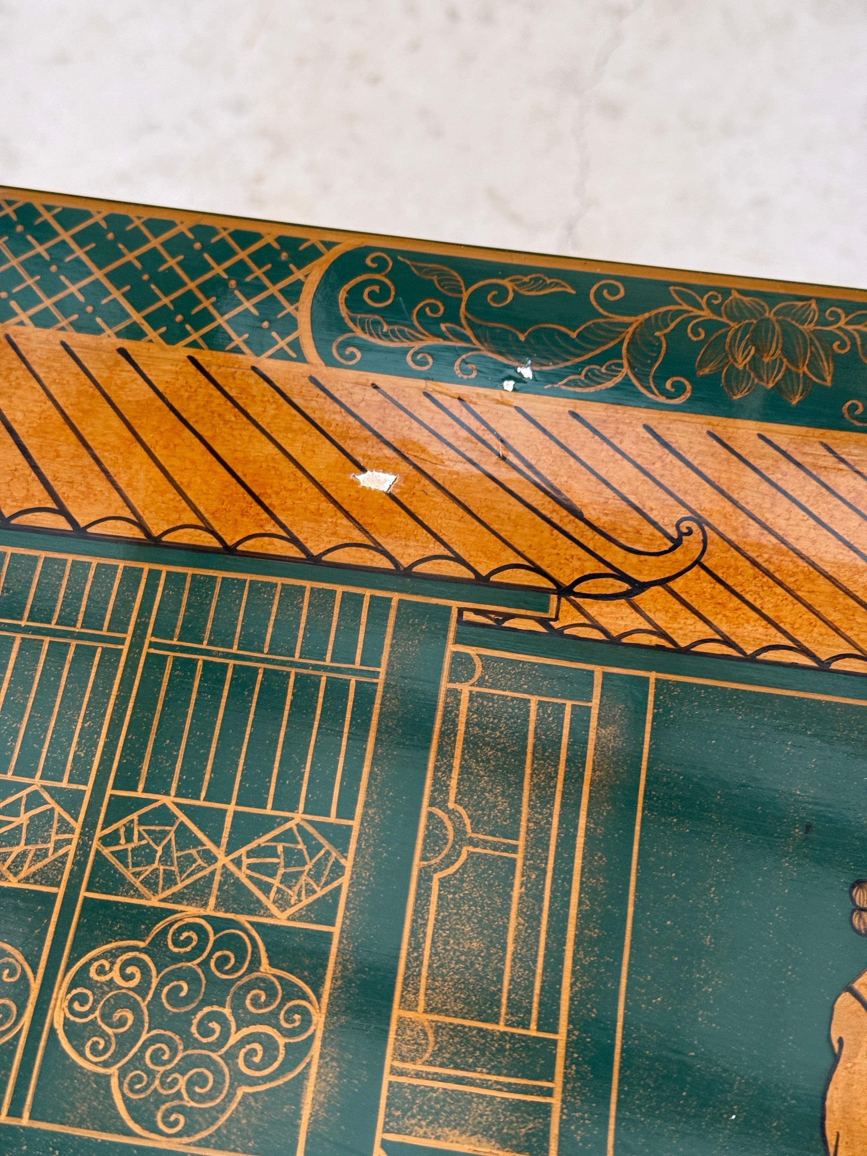Mid-20th Century Lacquered Green Chinoiserie Console With Refinished Rattan Fret 1