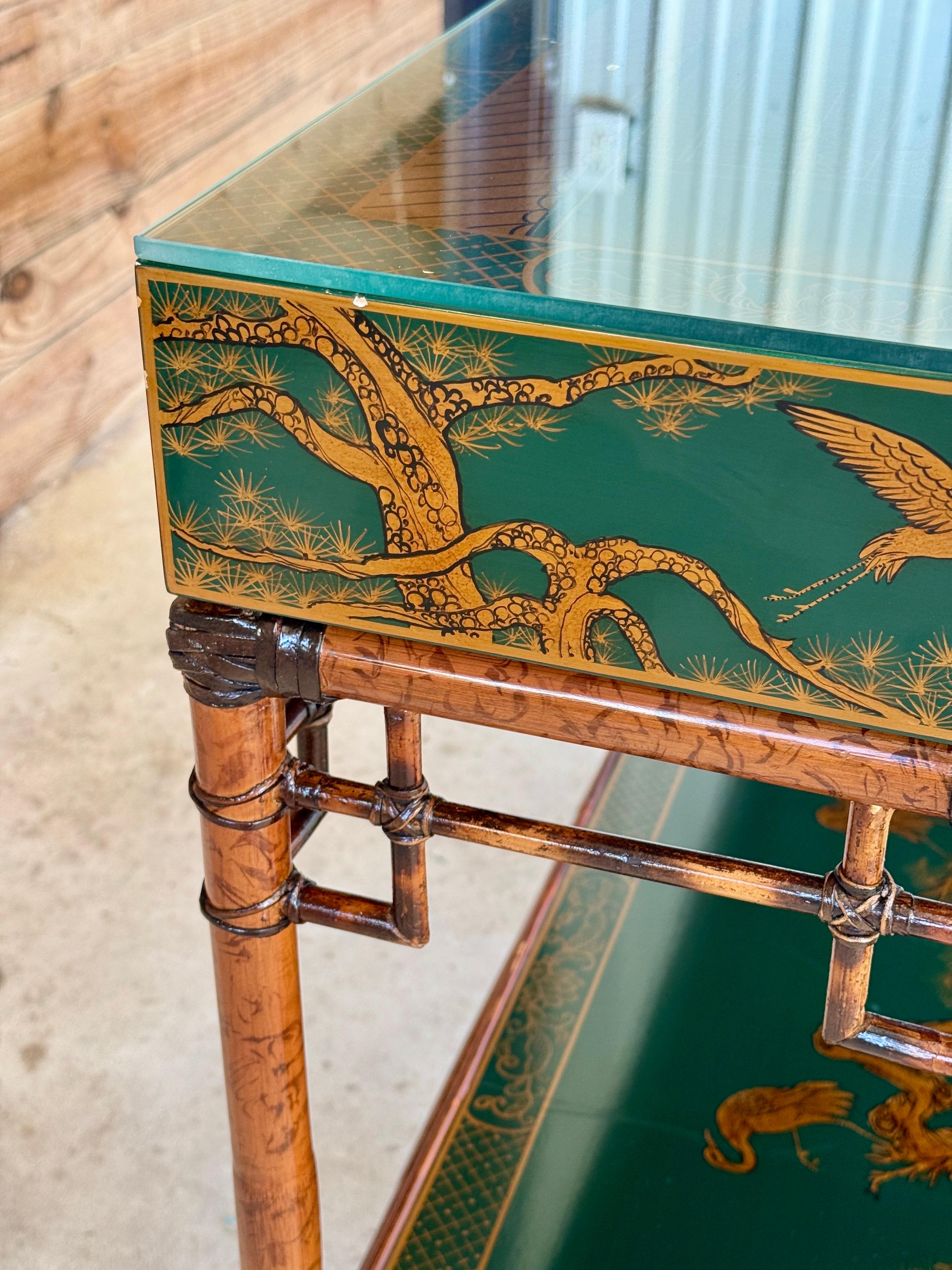 Mid-20th Century Lacquered Green Chinoiserie Console With Refinished Rattan Fret 2