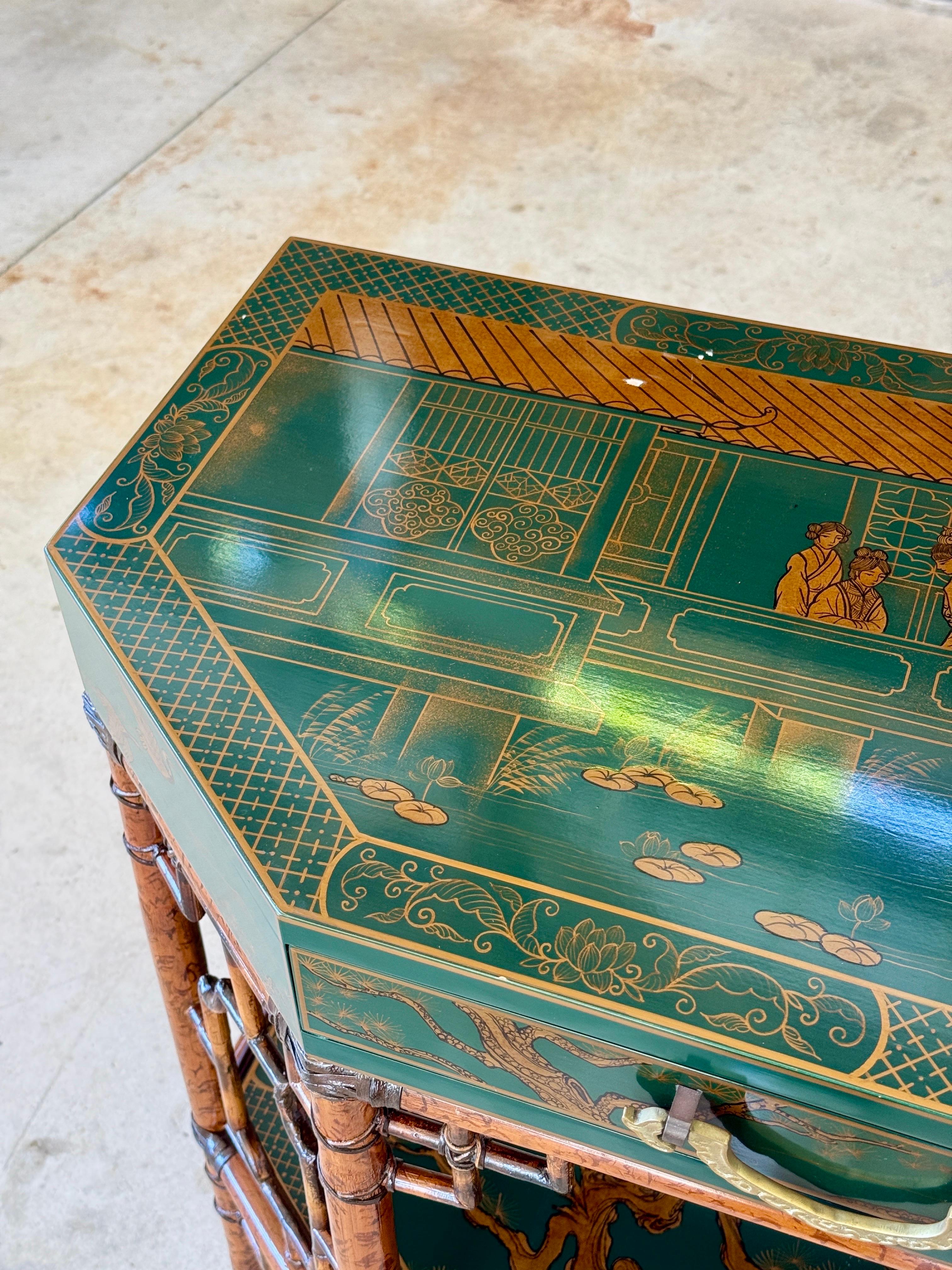 Mid-20th Century Lacquered Green Chinoiserie Console With Refinished Rattan Fret 4