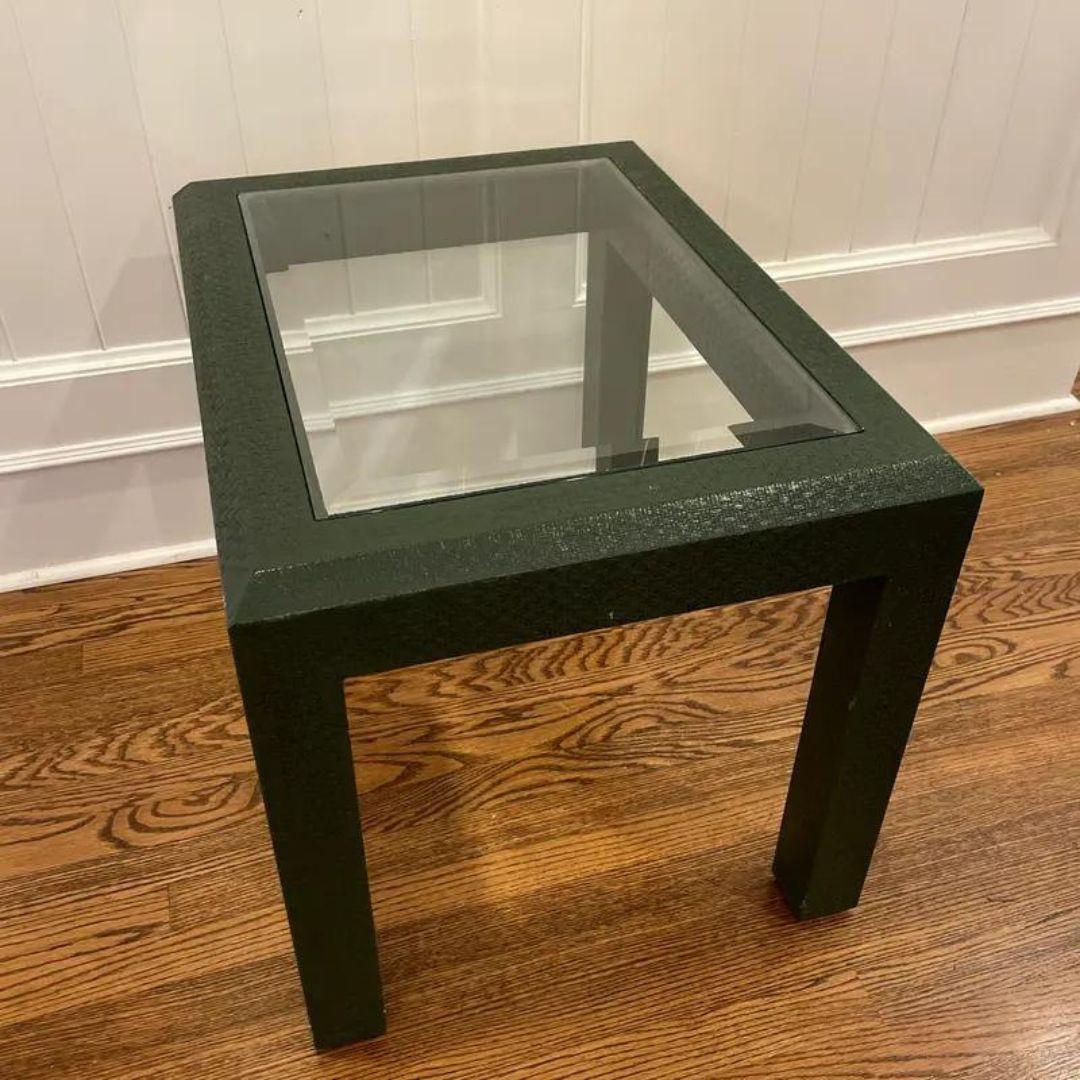 Green is the color of the year! Lacquered Woven Grass Cloth Parsons Console Table Attributed to Karl Springer in a beautiful deep green. 

Matching Console Table available in another listing.

Sourced from the estate of a Kentucky Doctor with an