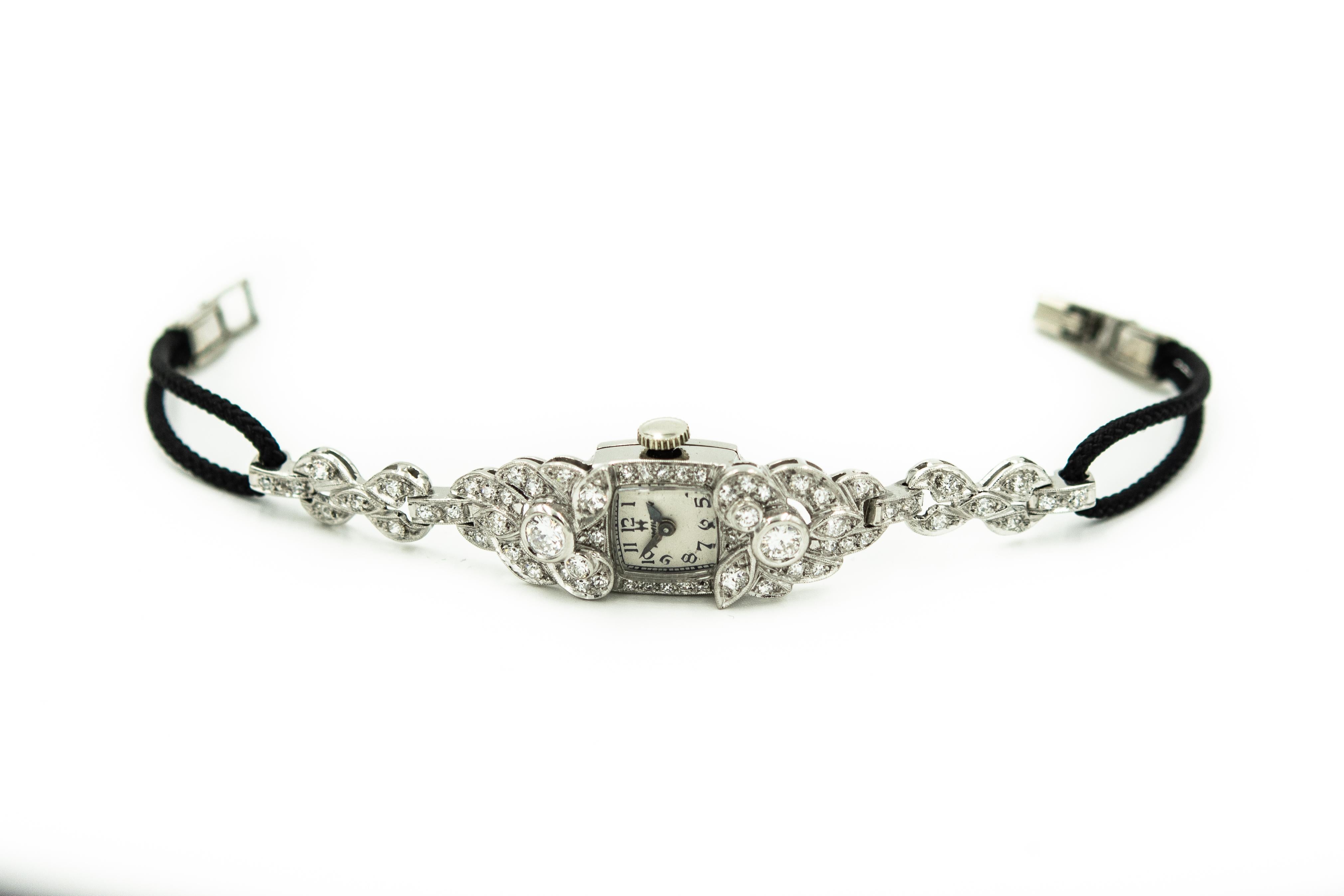 Old European Cut Mid 20th Century Ladies Hamilton Diamond Platinum Dress Wrist Watch For Sale