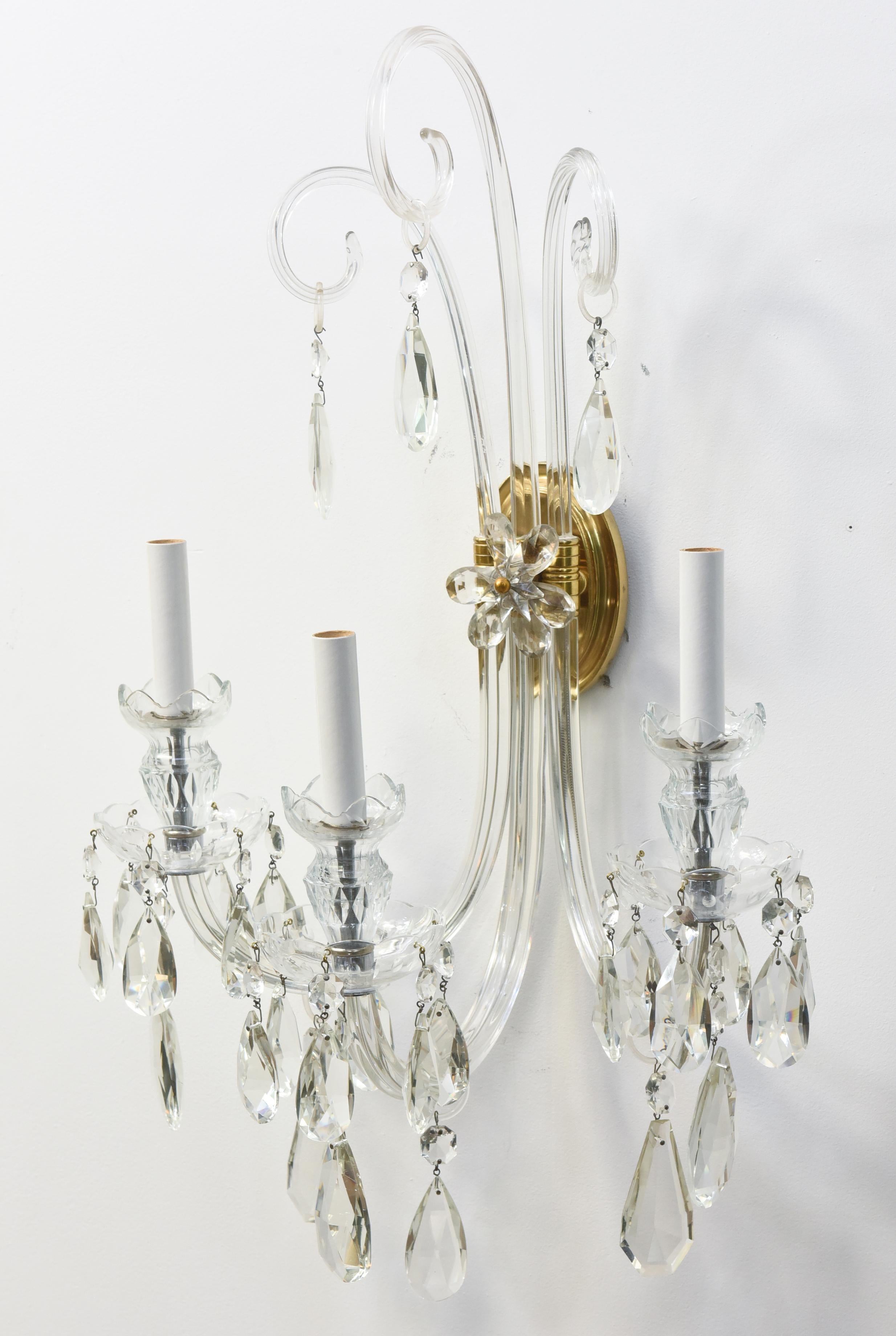 Czech Mid-20th Century Lafount Style Crystal Sconces, a Pair For Sale
