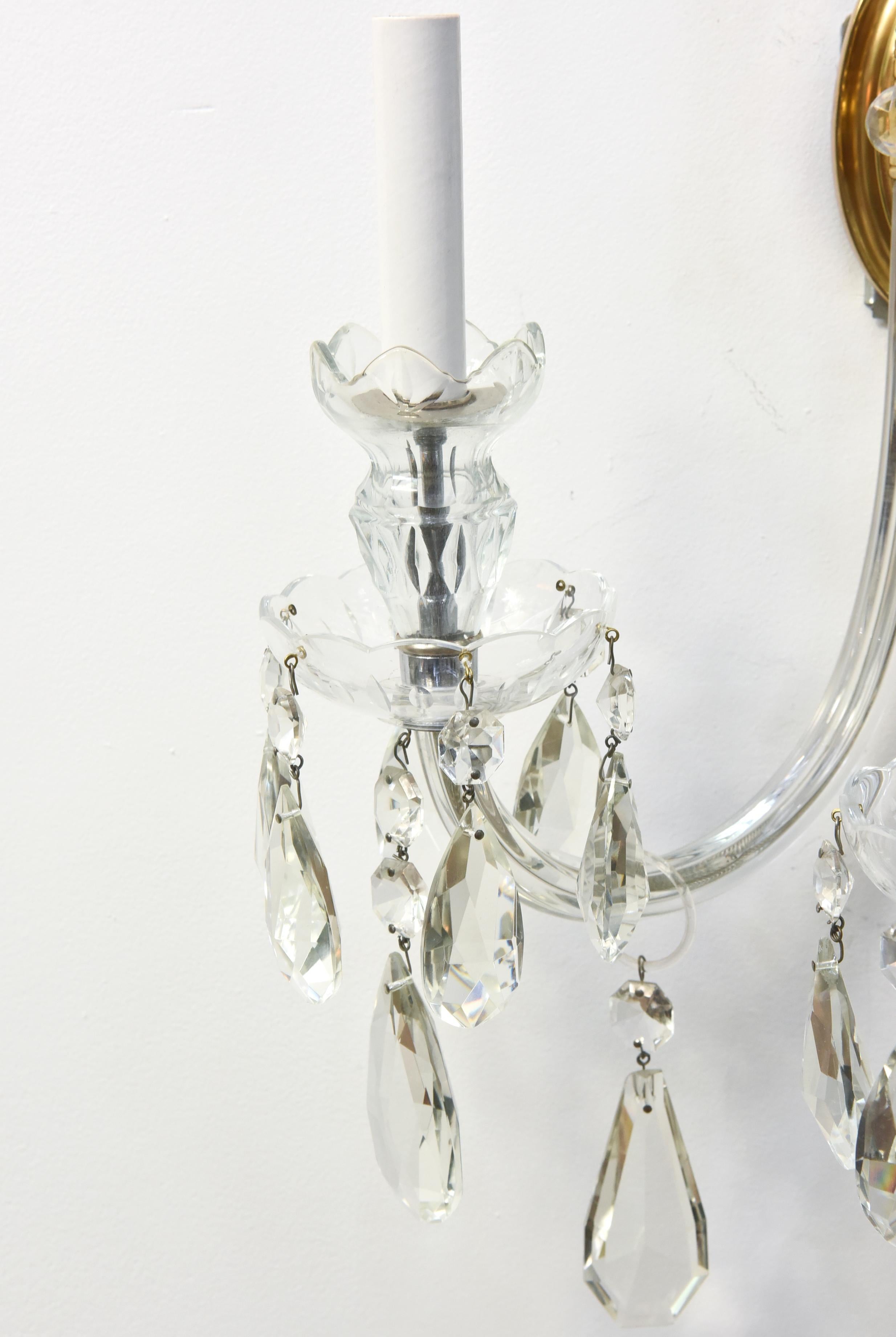 Brass Mid-20th Century Lafount Style Crystal Sconces, a Pair For Sale