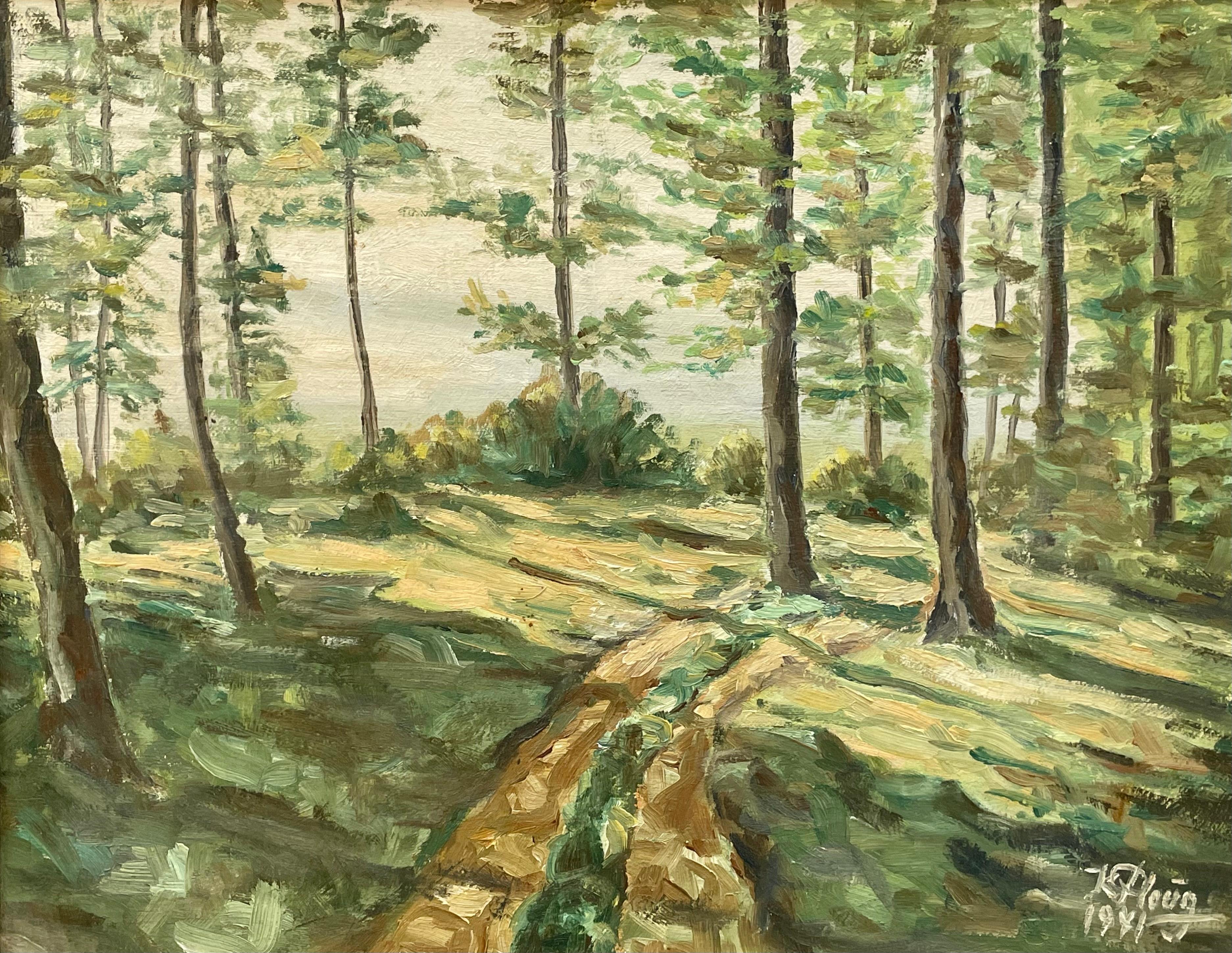 Paisaje de mediados del siglo XX Pintura al óleo de la década de 1940 de K. Ploug con motivo de bosque Romántico en venta