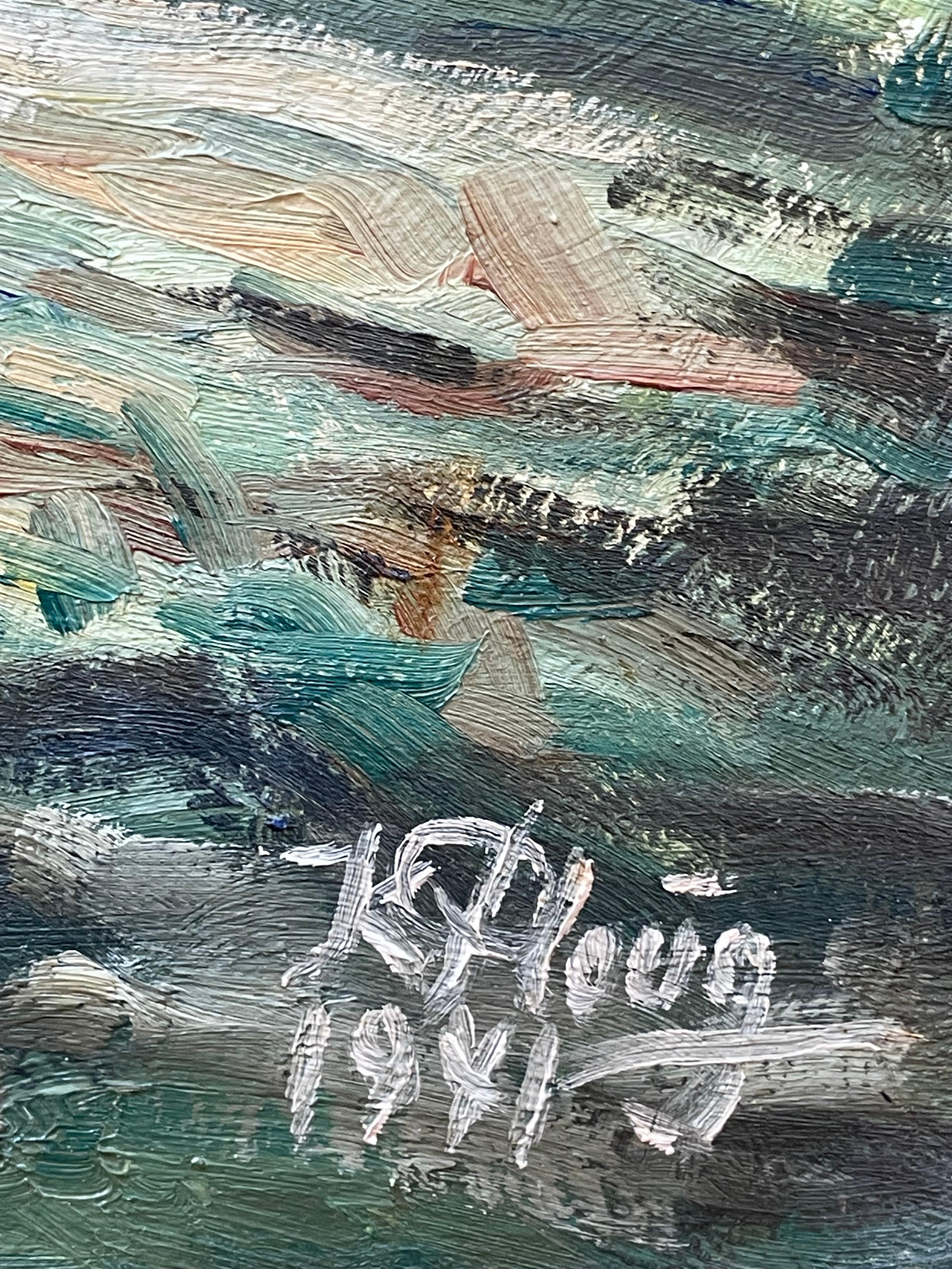 Paisaje de mediados del siglo XX Pintura al óleo de la década de 1940 de K. Ploug con motivo de bosque Pintado a mano en venta